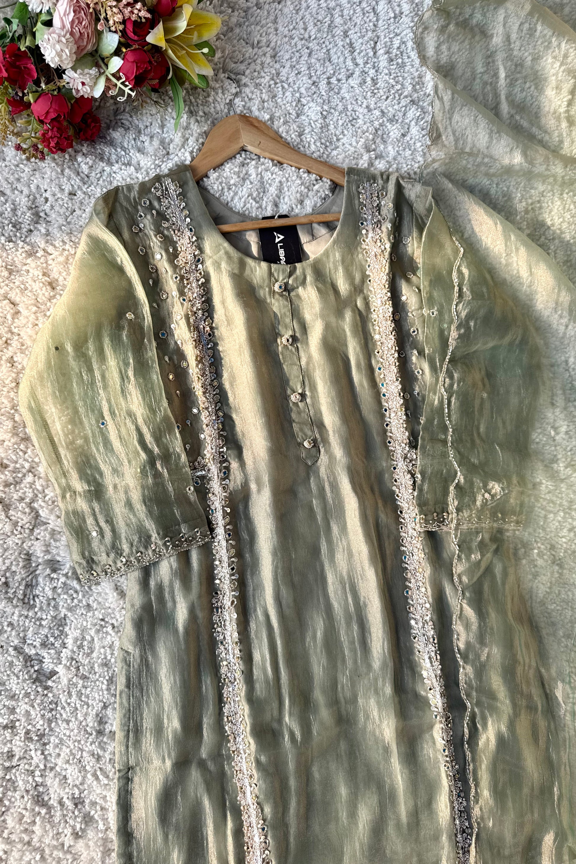 ✨Desert- Champagne Crushed Tissue Kurta Divider Sharara Set