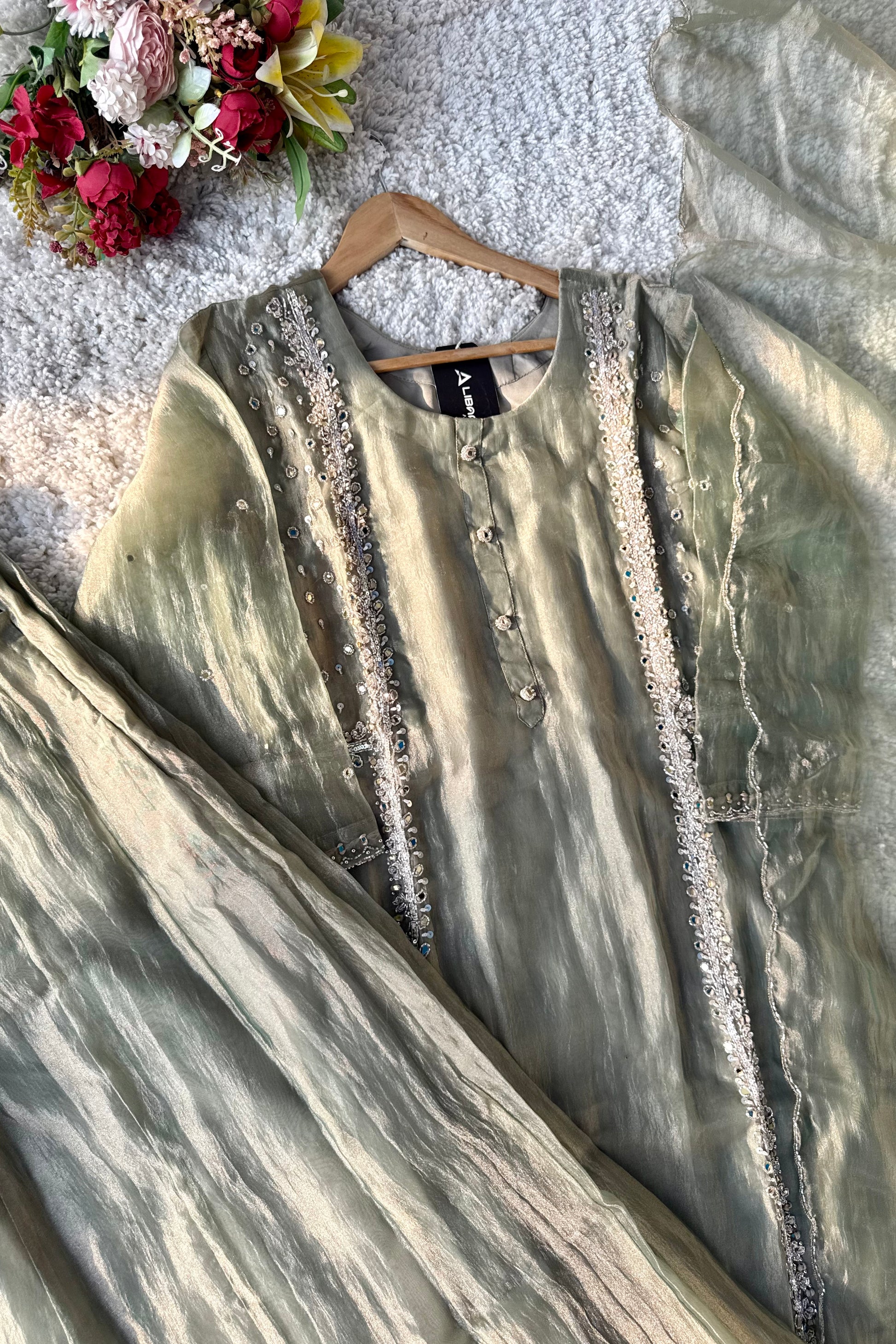 ✨Desert- Champagne Crushed Tissue Kurta Divider Sharara Set