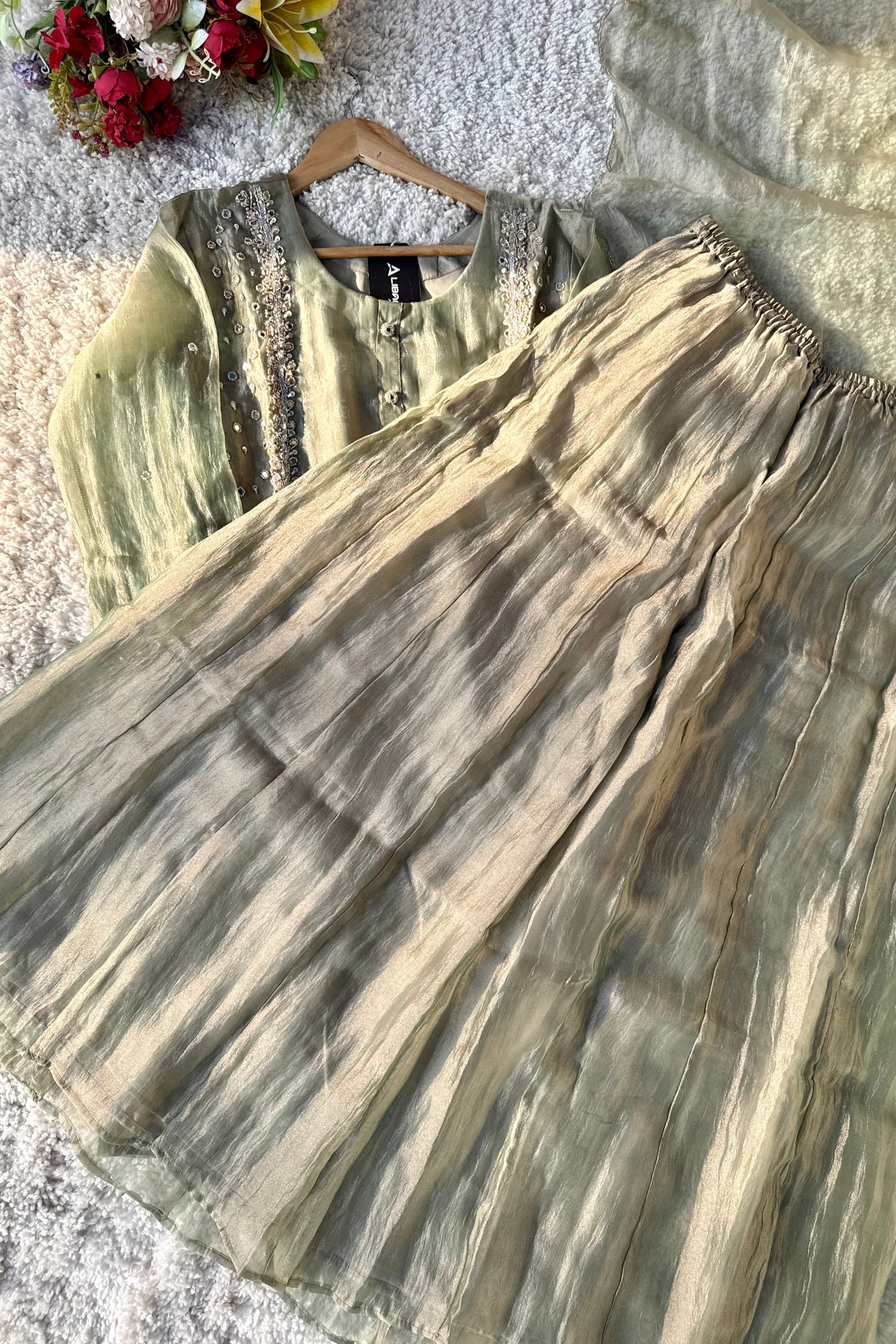 ✨Desert- Champagne Crushed Tissue Kurta Divider Sharara Set