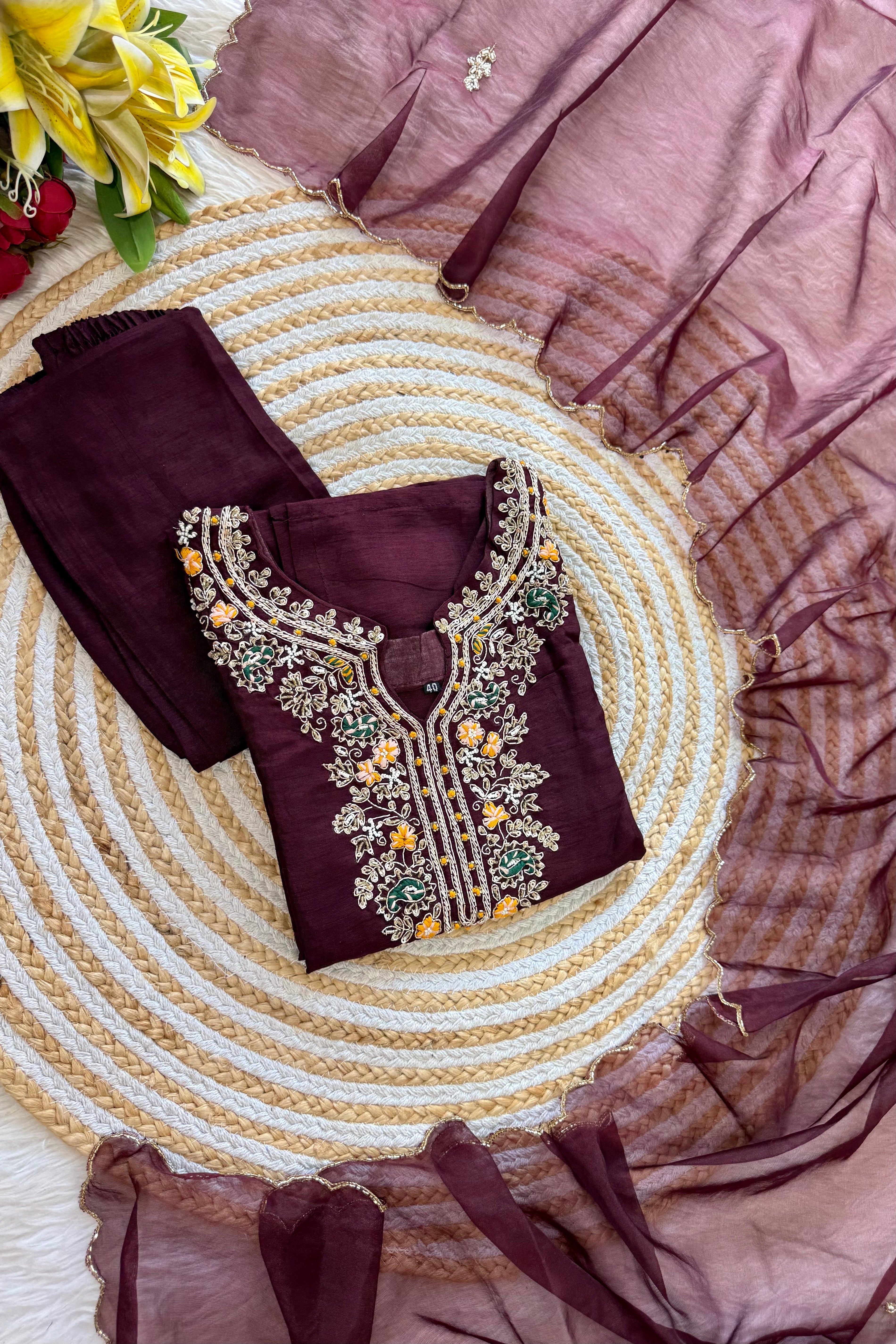 “ISHIKA” Brwon handcrafted dola silk kurti set