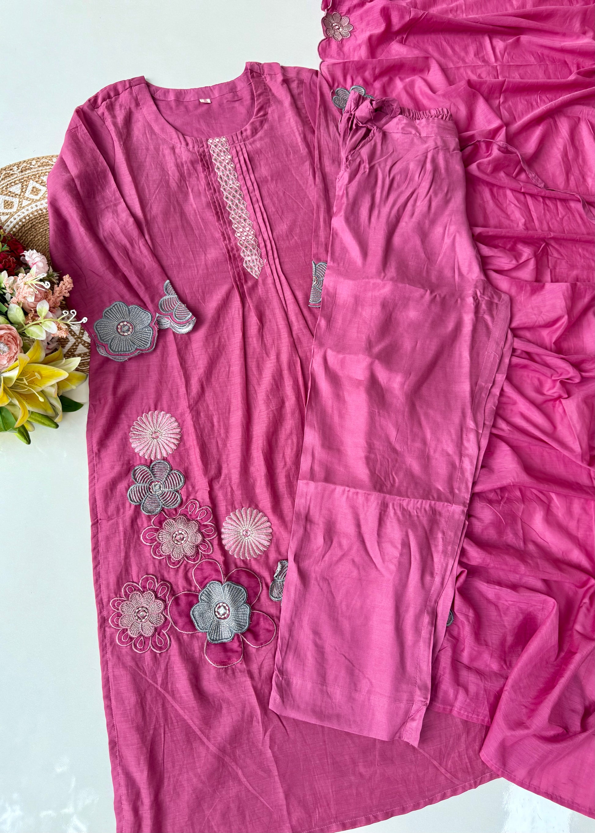 “Anya” Bloomberry Blush Mul Chanderi Suit Set