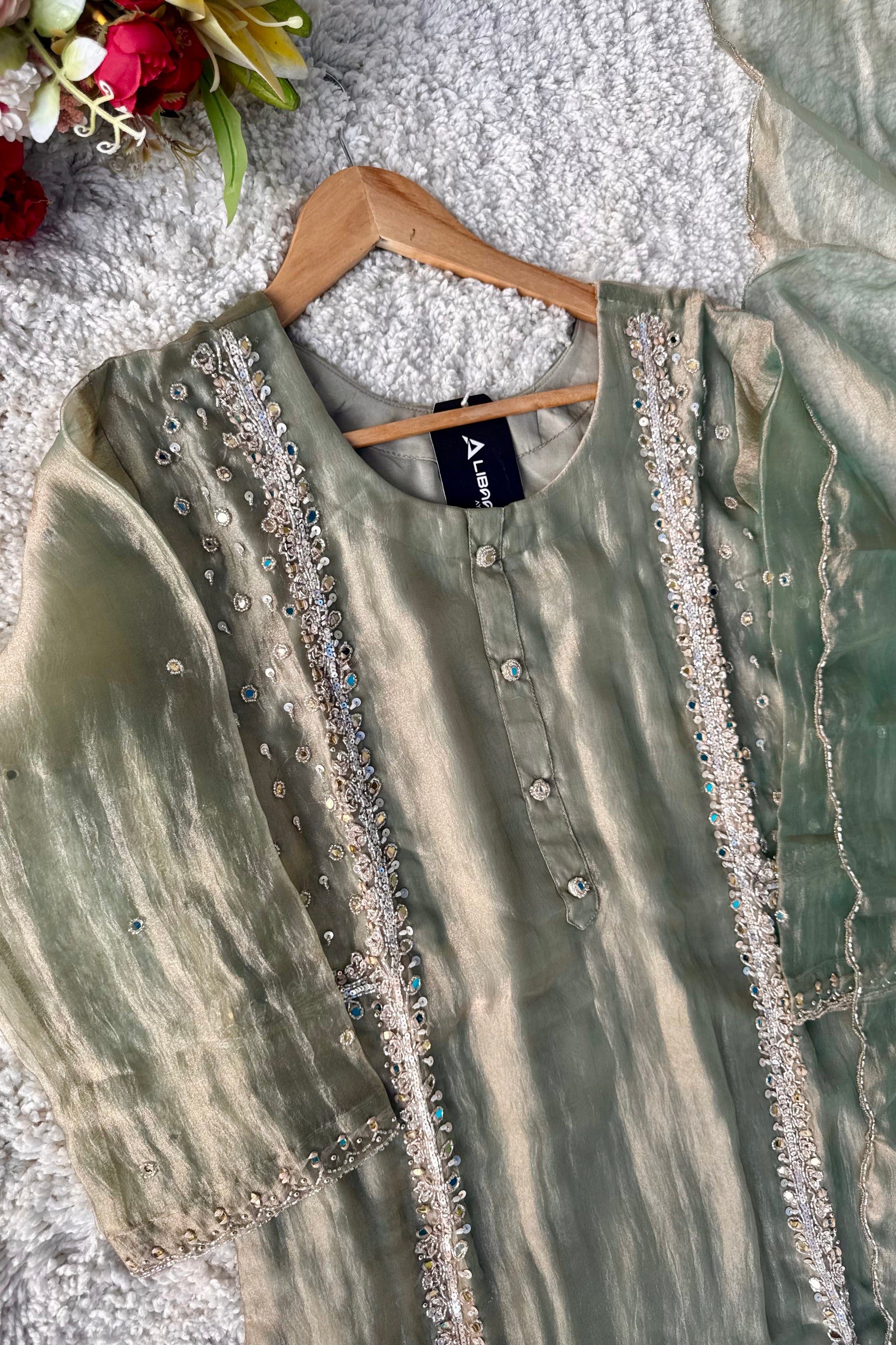 ✨Desert- Champagne Crushed Tissue Kurta Divider Sharara Set