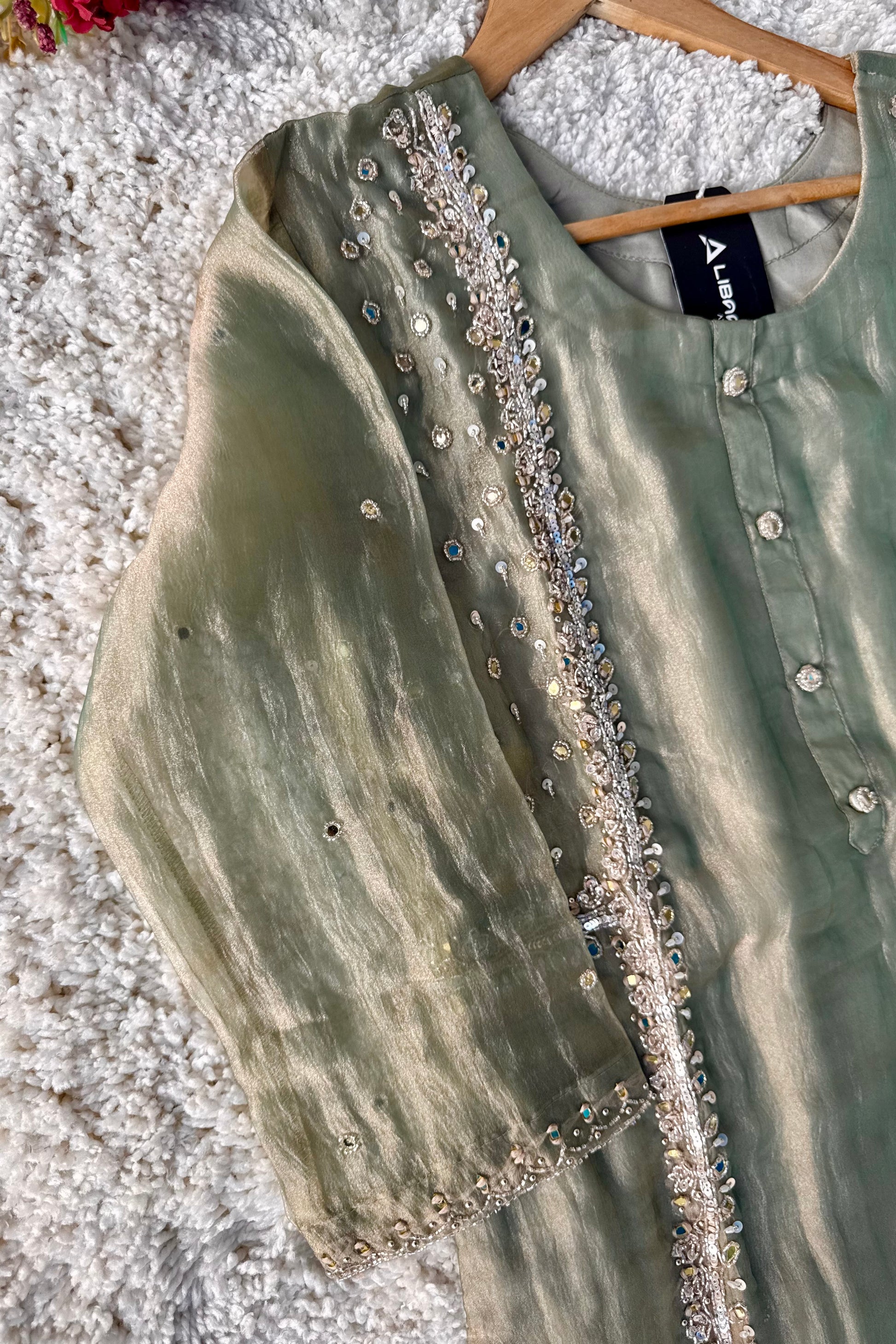 ✨Desert- Champagne Crushed Tissue Kurta Divider Sharara Set