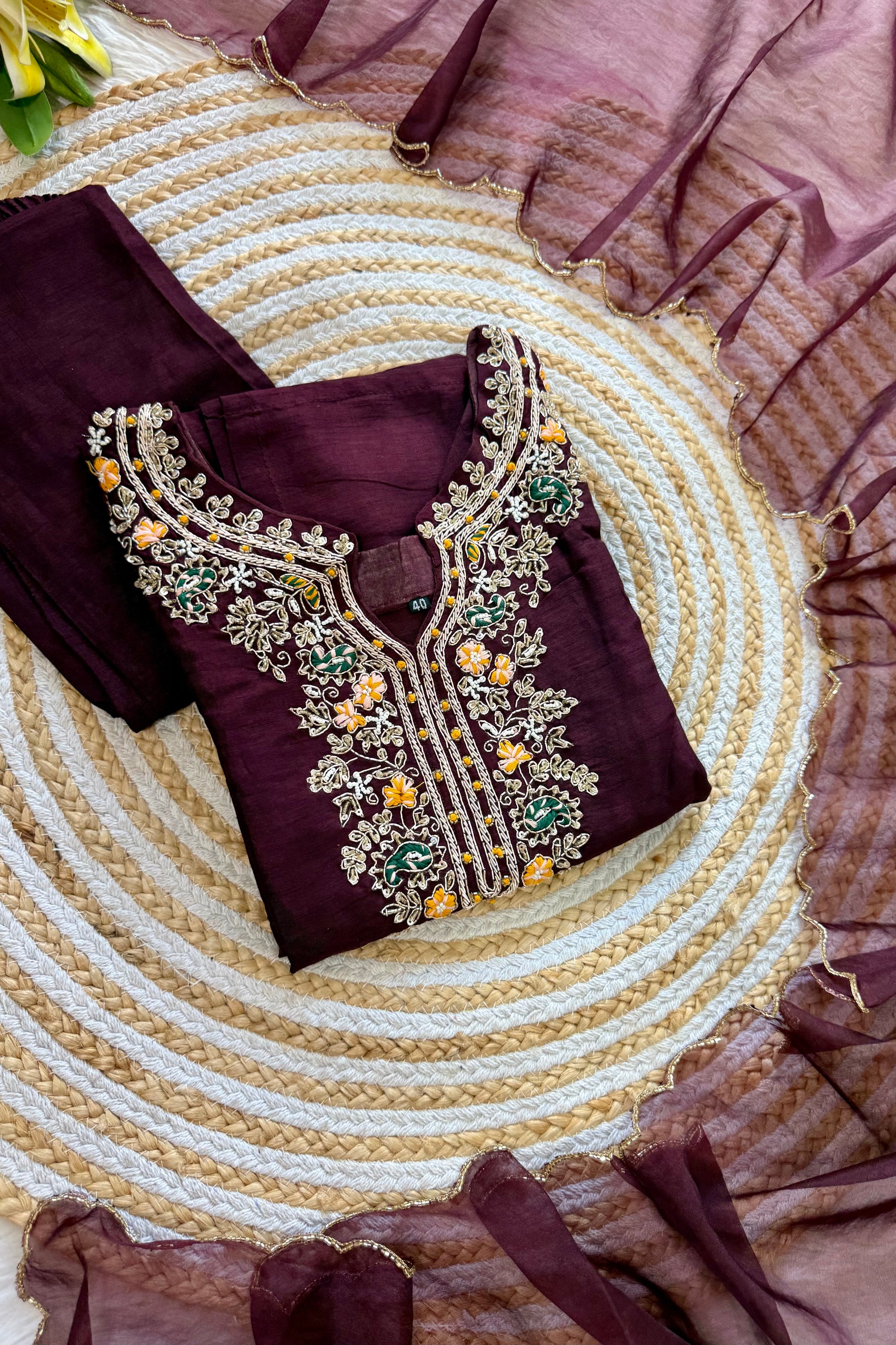 “ISHIKA” Brwon handcrafted dola silk kurti set