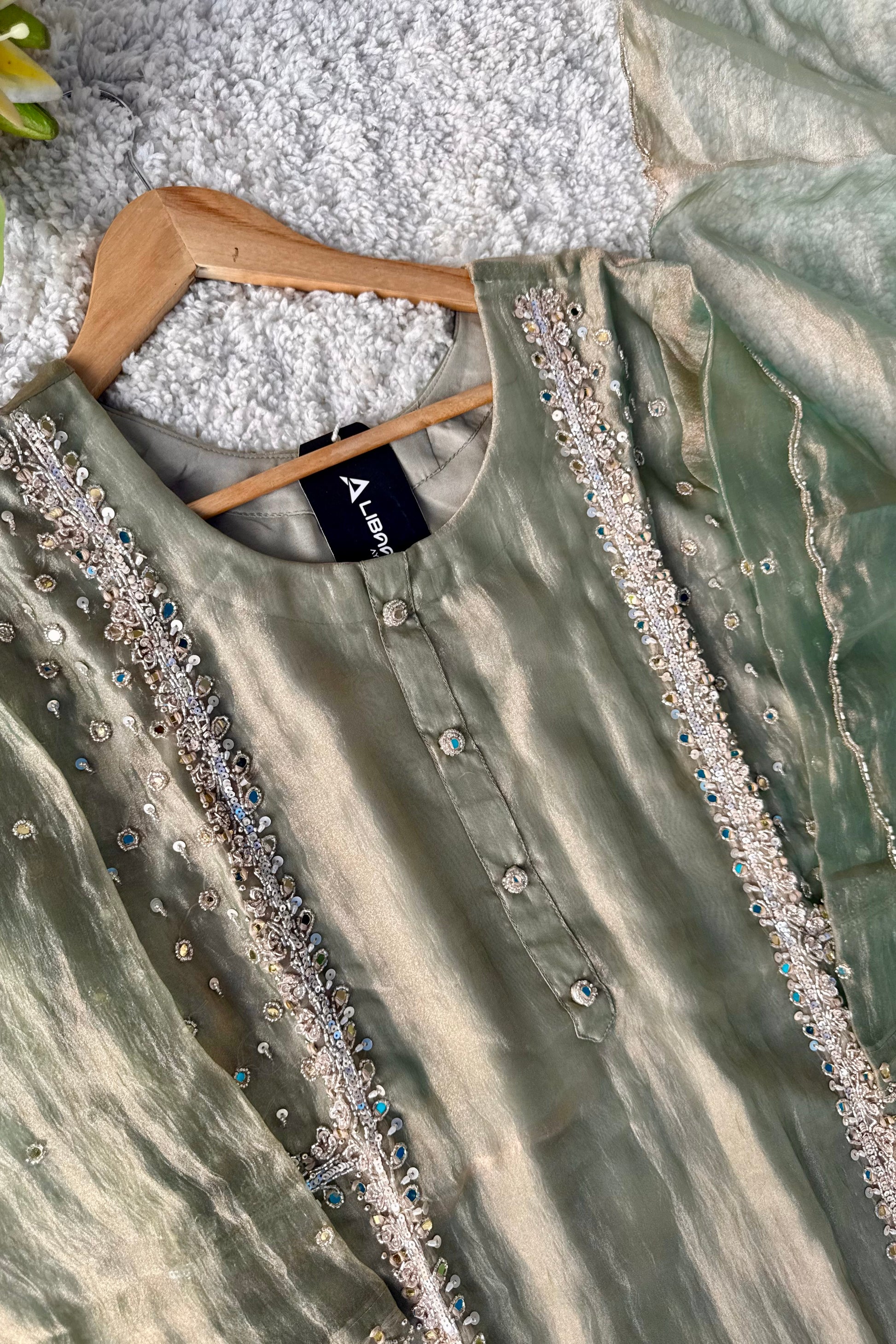 ✨Desert- Champagne Crushed Tissue Kurta Divider Sharara Set