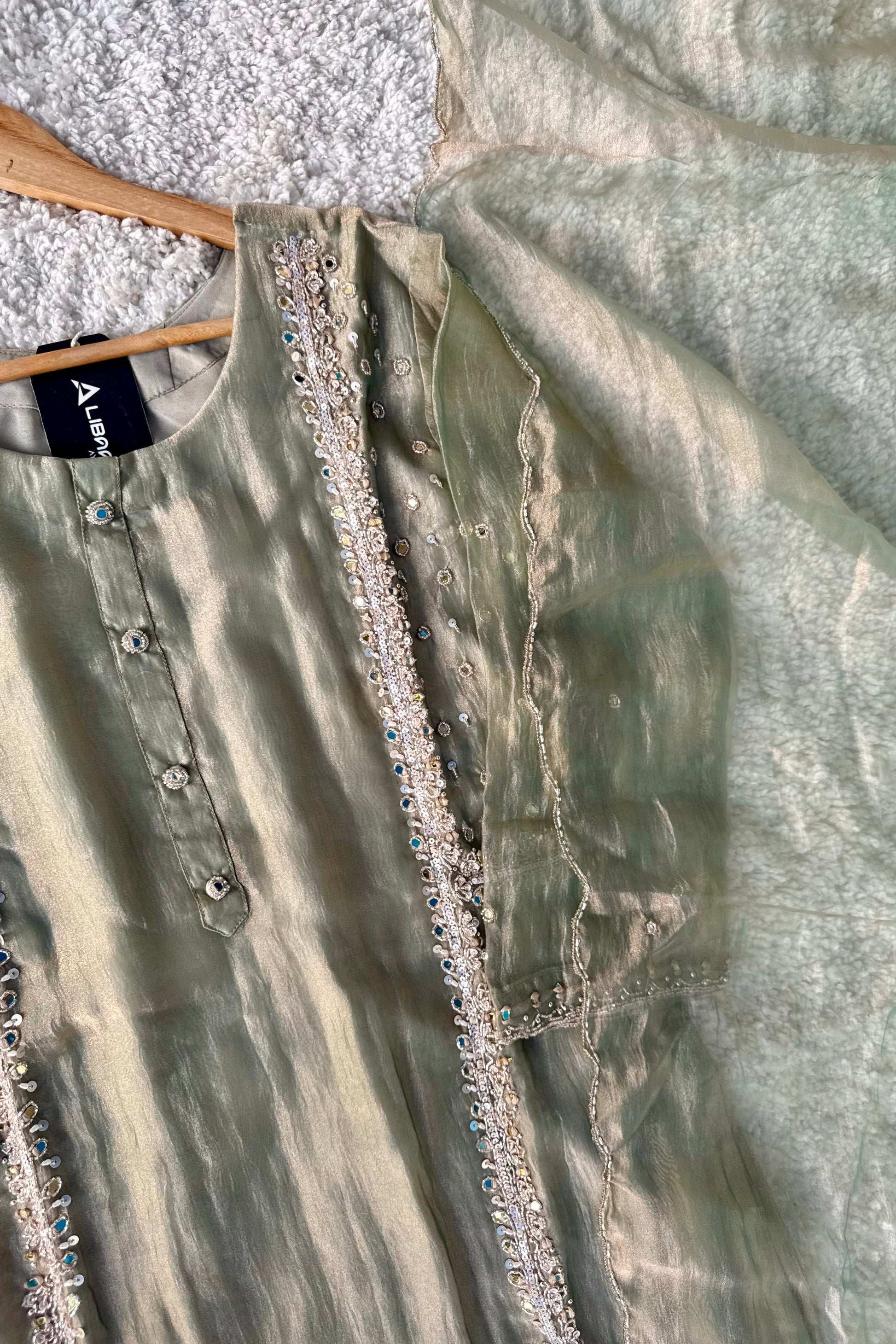 ✨Desert- Champagne Crushed Tissue Kurta Divider Sharara Set