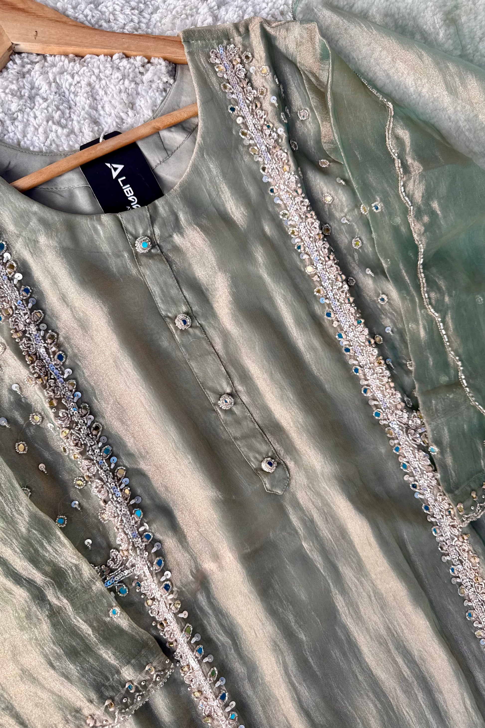 ✨Desert- Champagne Crushed Tissue Kurta Divider Sharara Set