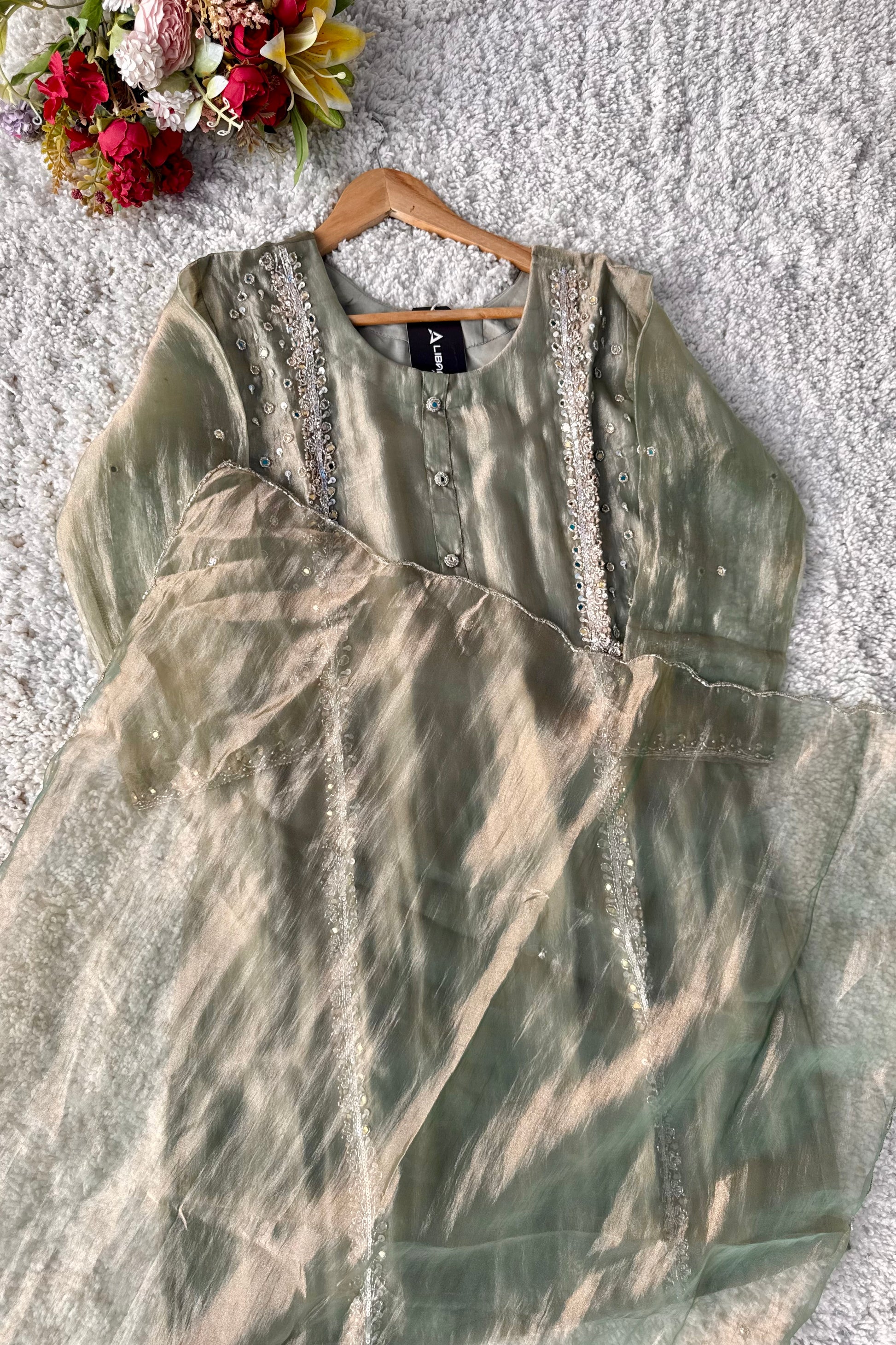 ✨Desert- Champagne Crushed Tissue Kurta Divider Sharara Set