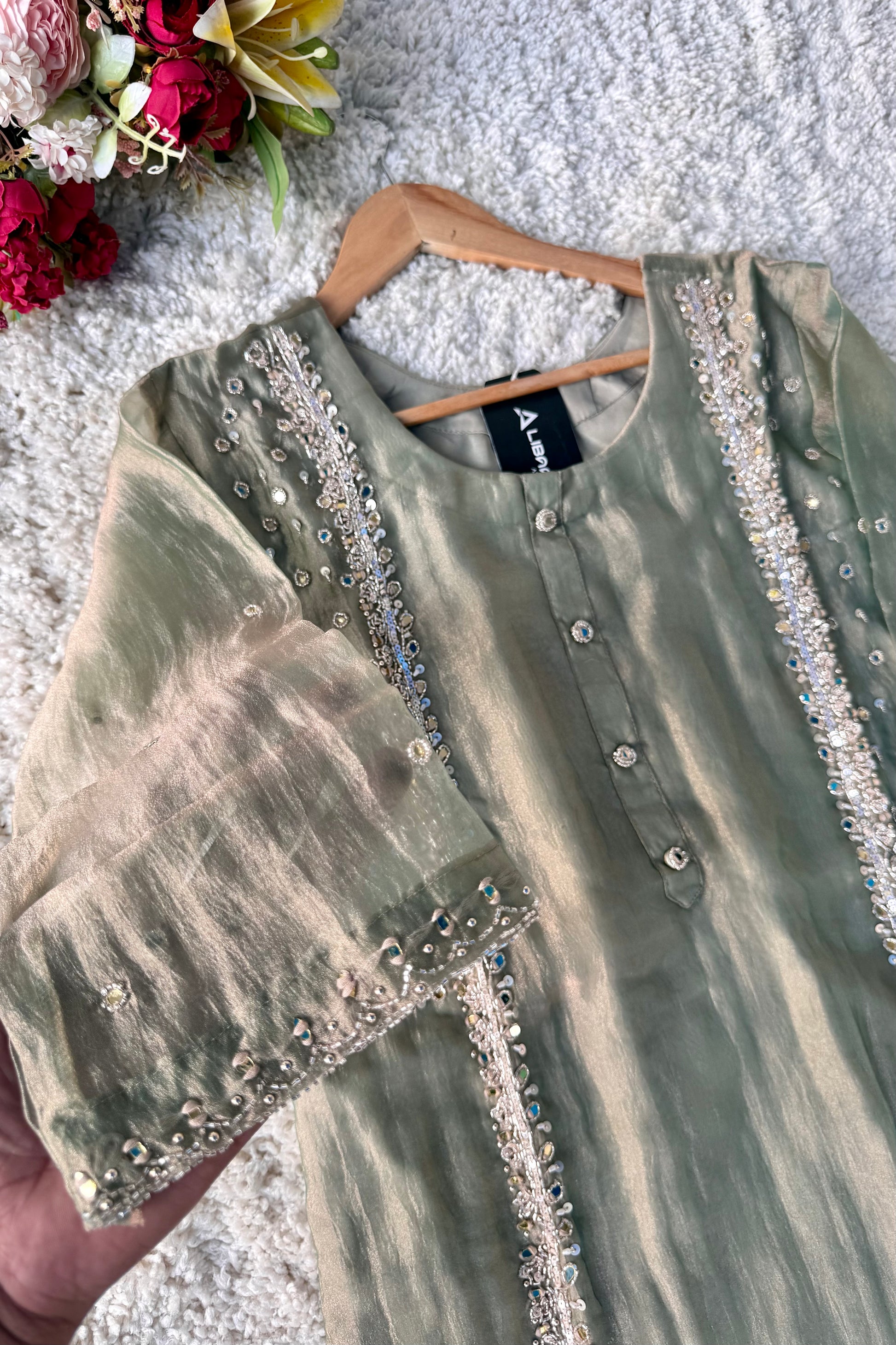 ✨Desert- Champagne Crushed Tissue Kurta Divider Sharara Set
