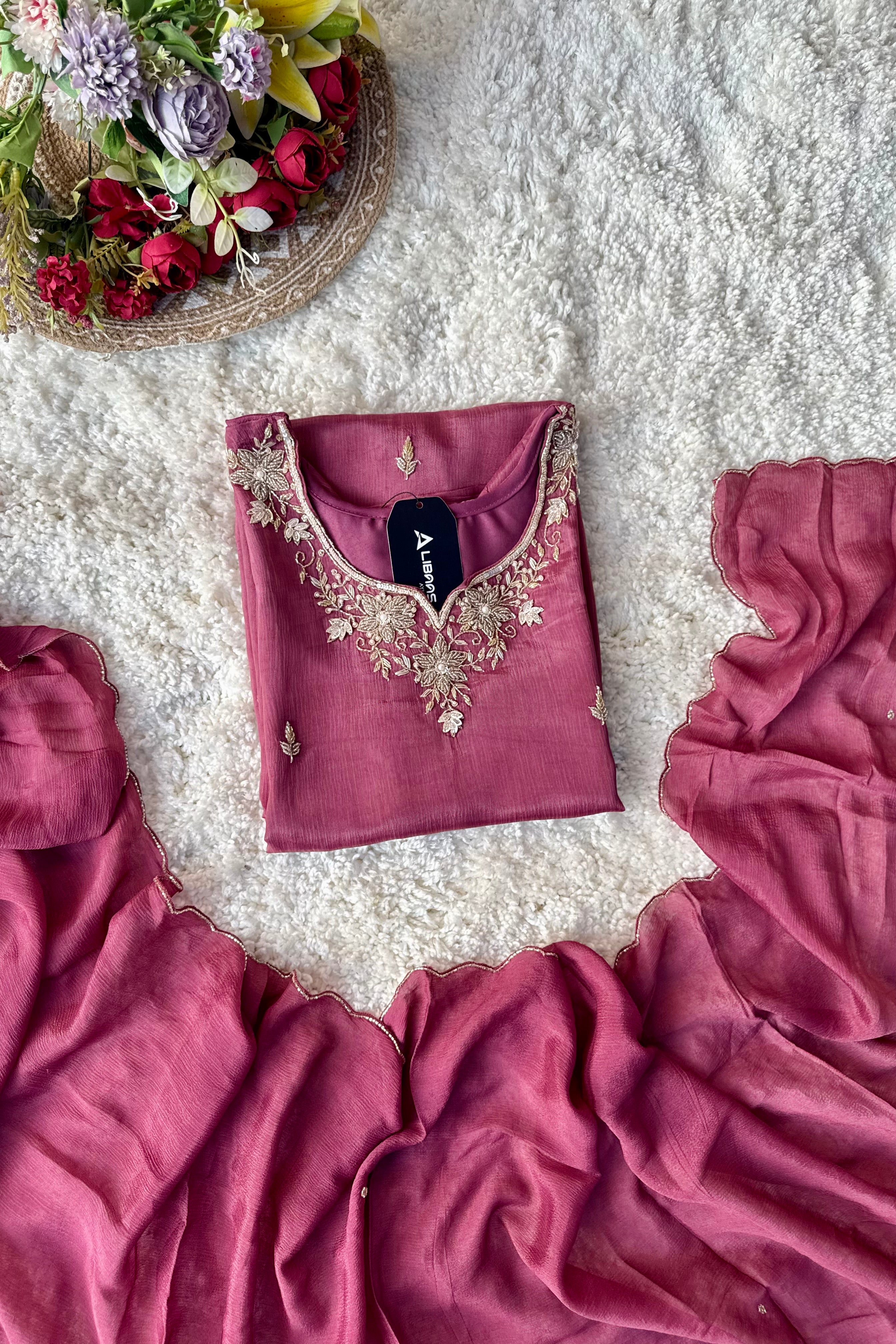 ✨ “Aaliya – Premium Mauve Plum Chinnon handwork straight kurta set