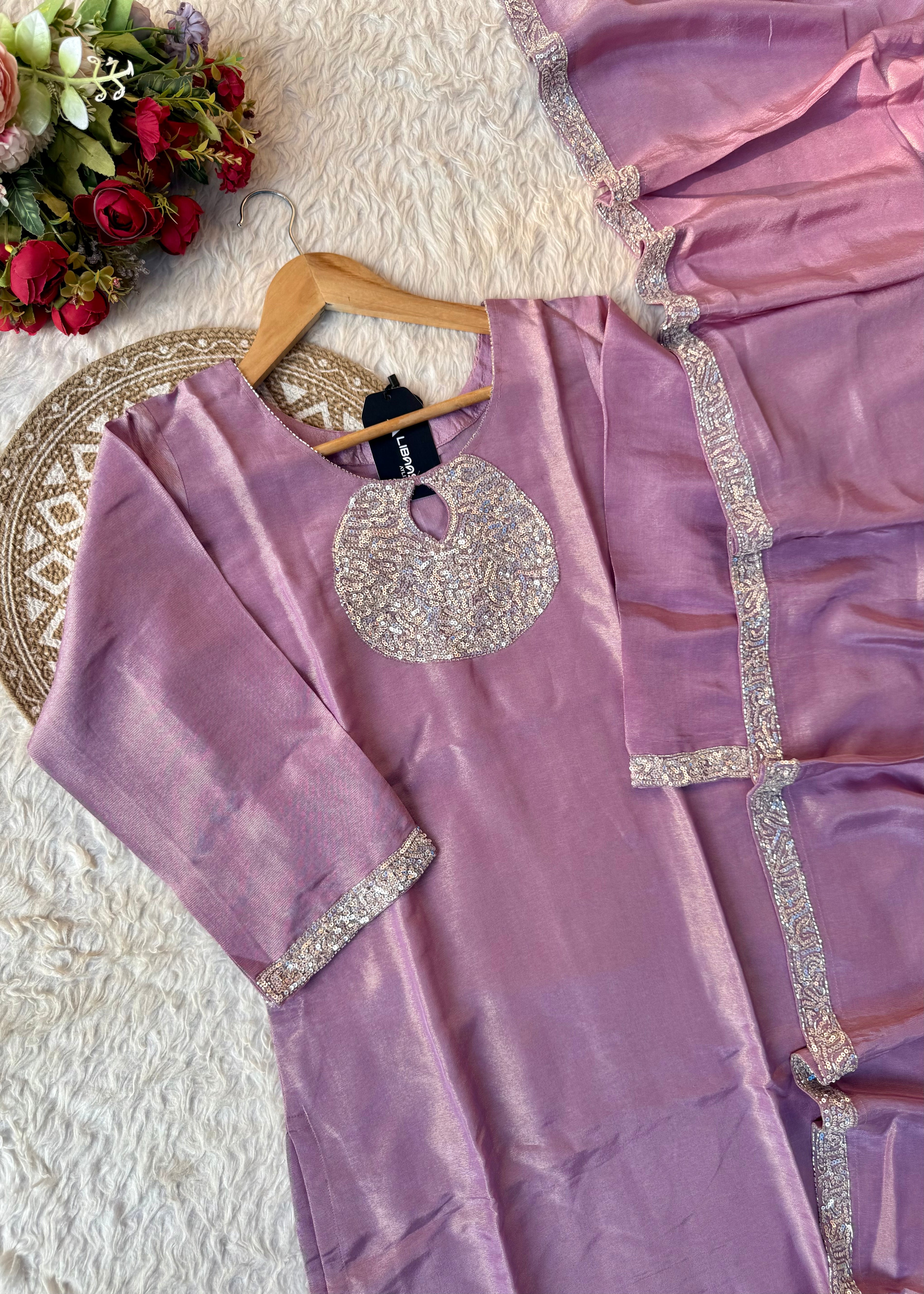 “SHINE” Beautiful Lavender with gold tone shimmer tissue kurta set
