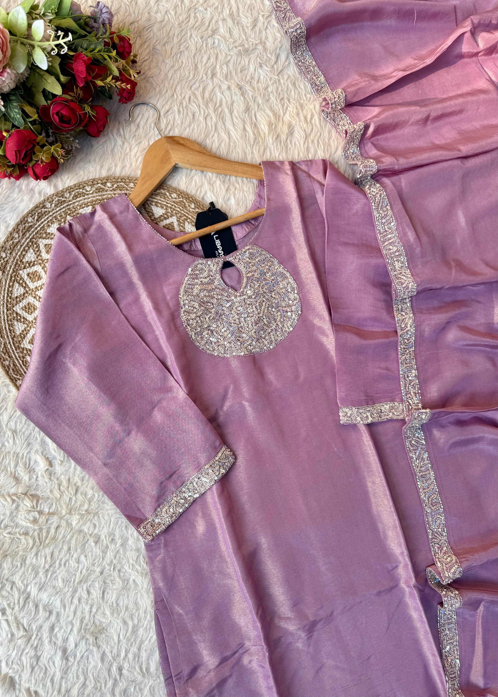 “SHINE” Beautiful Lavender with gold tone shimmer tissue kurta set