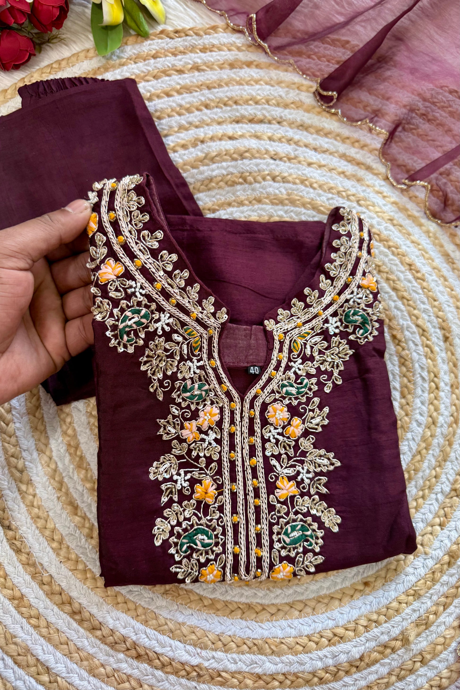 “ISHIKA” Brwon handcrafted dola silk kurti set
