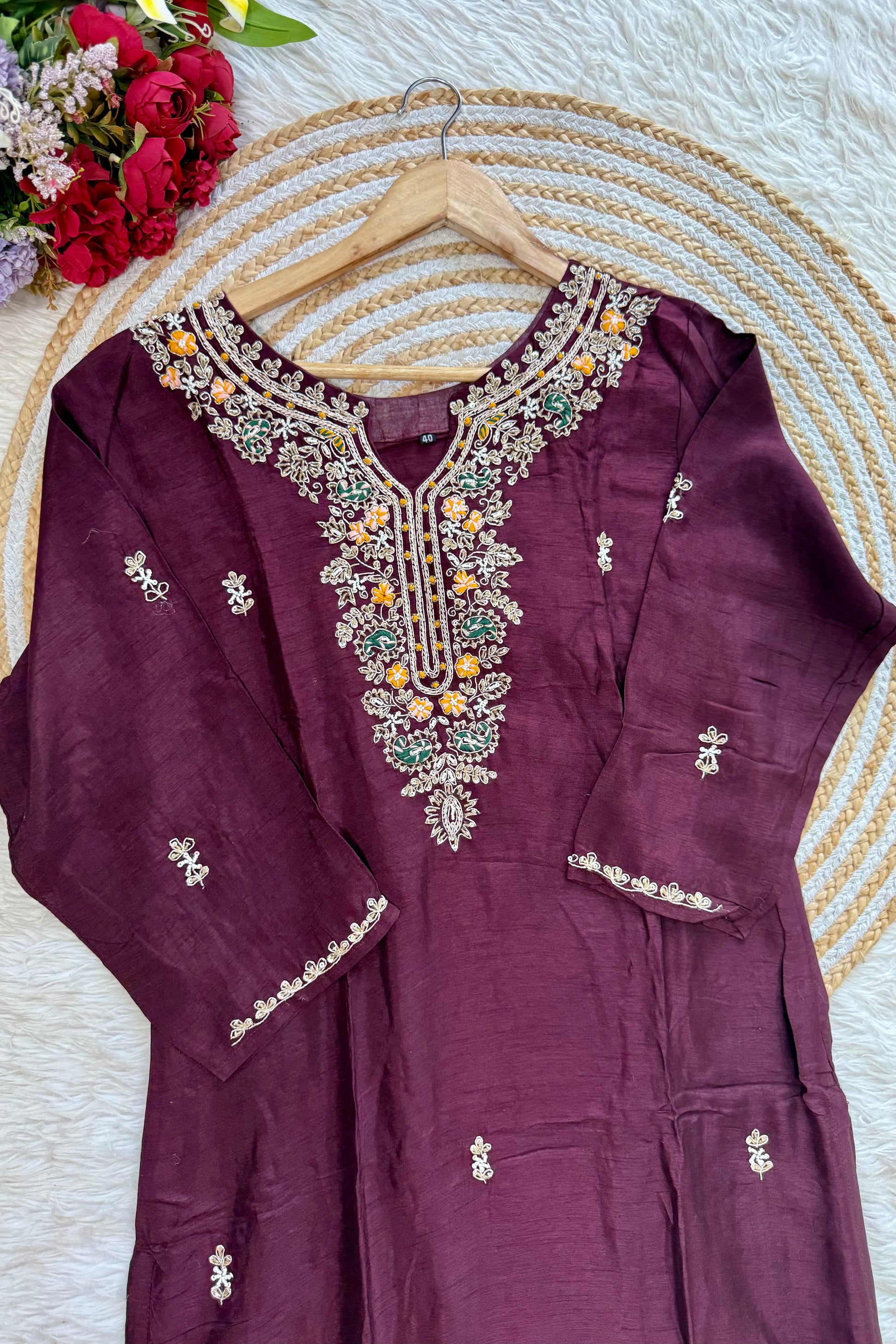 “ISHIKA” Brwon handcrafted dola silk kurti set