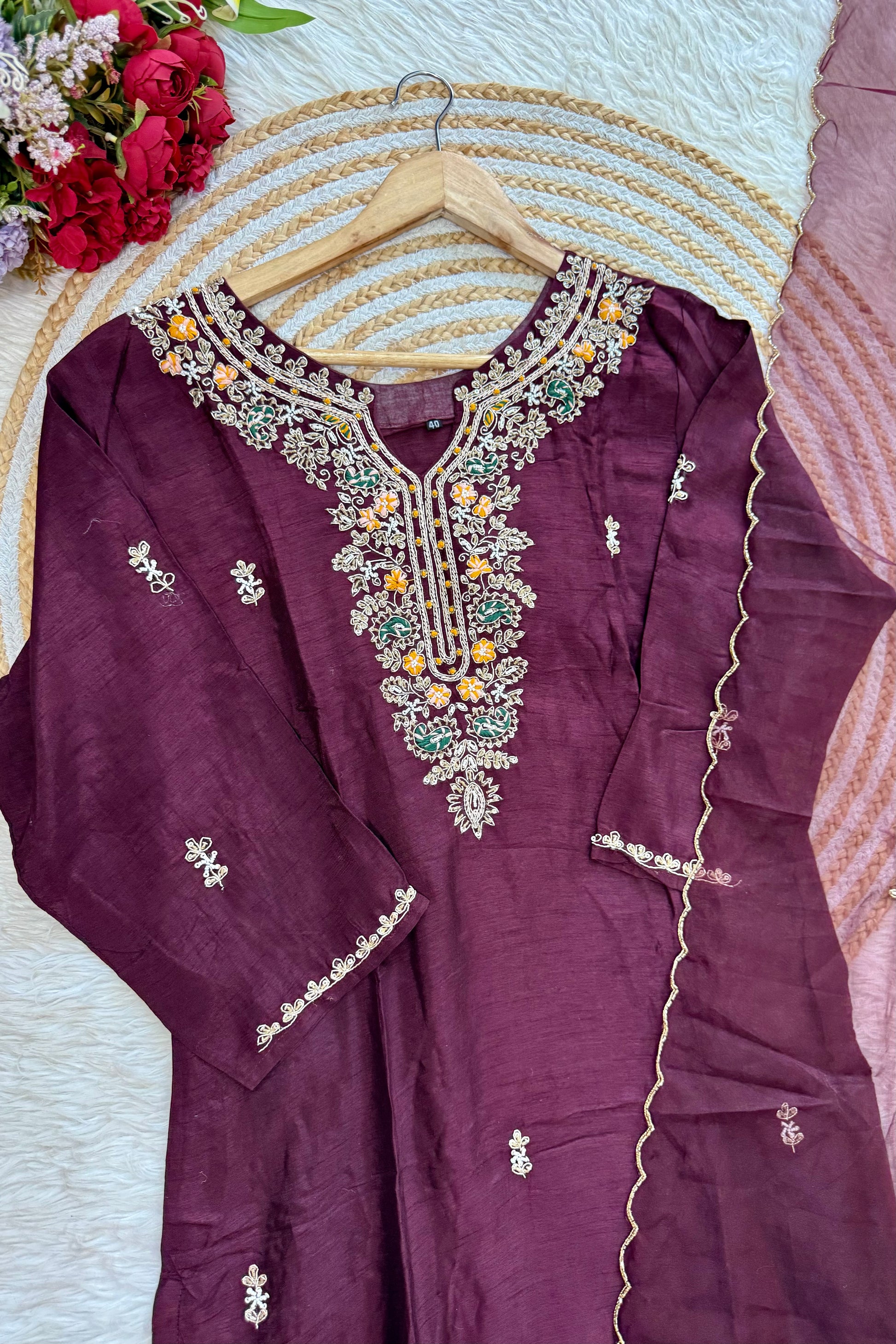 “ISHIKA” Brwon handcrafted dola silk kurti set