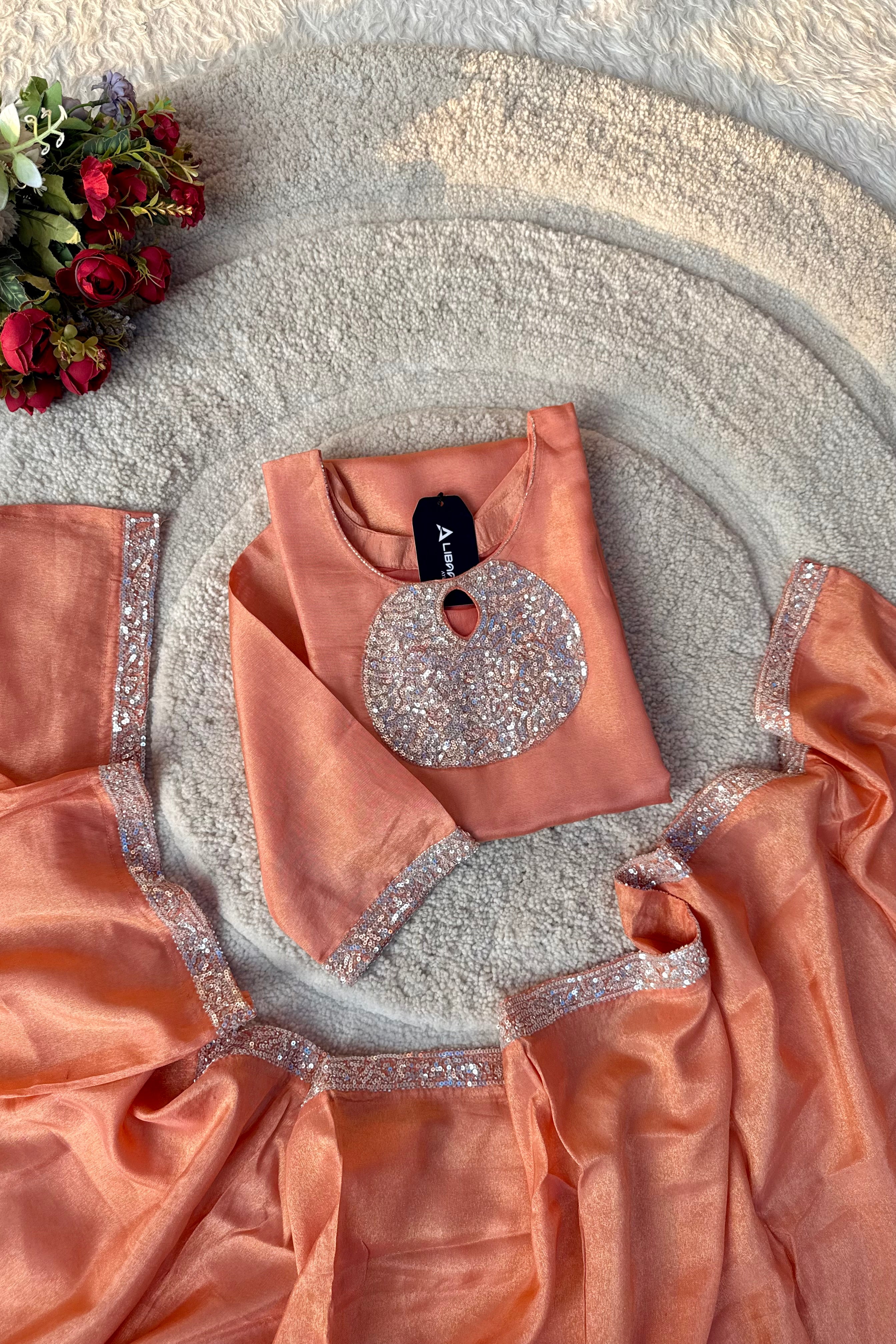 “SHINE” Beautiful Peach with gold tone shimmer tissue kurta set