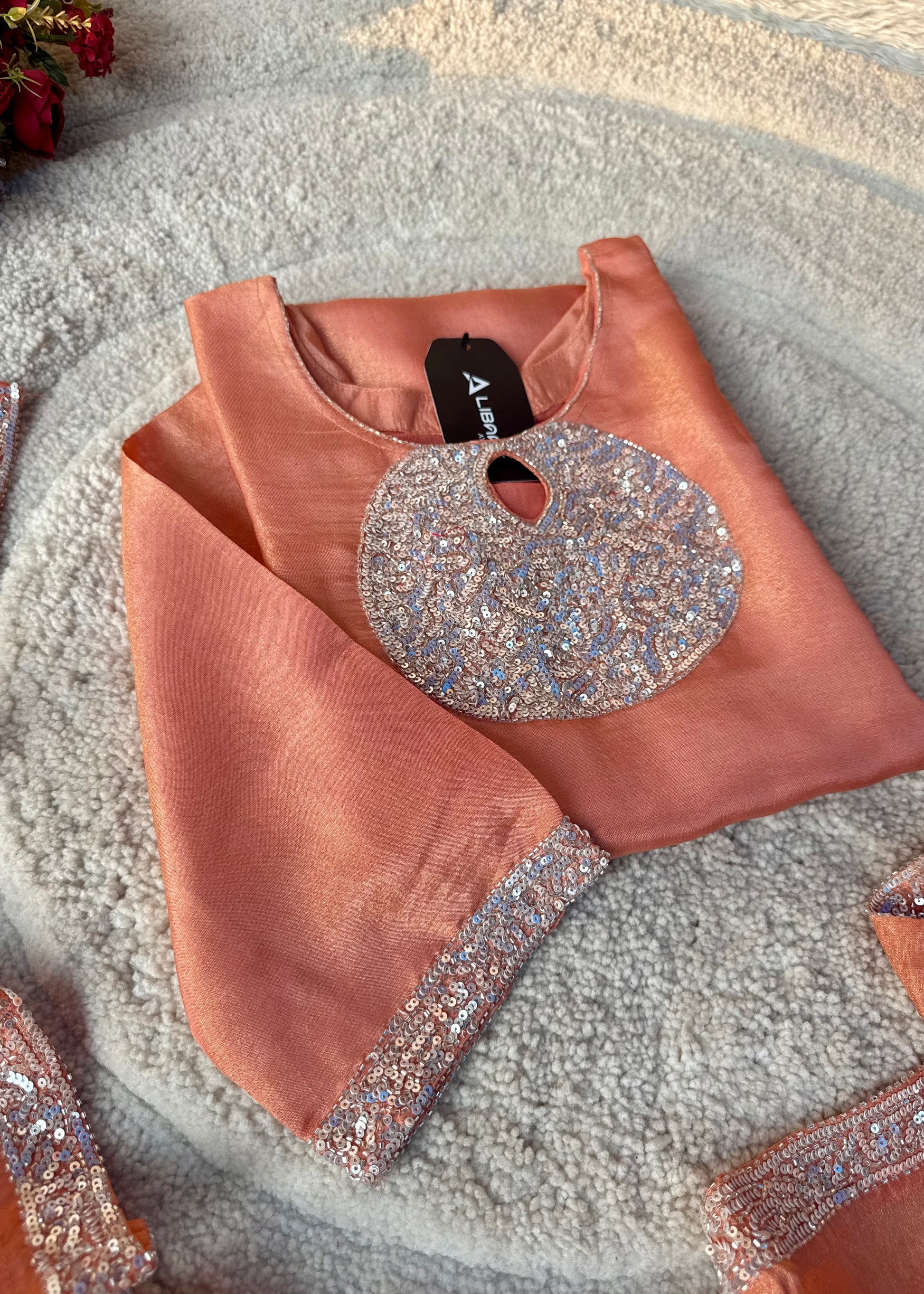 “SHINE” Beautiful Peach with gold tone shimmer tissue kurta set