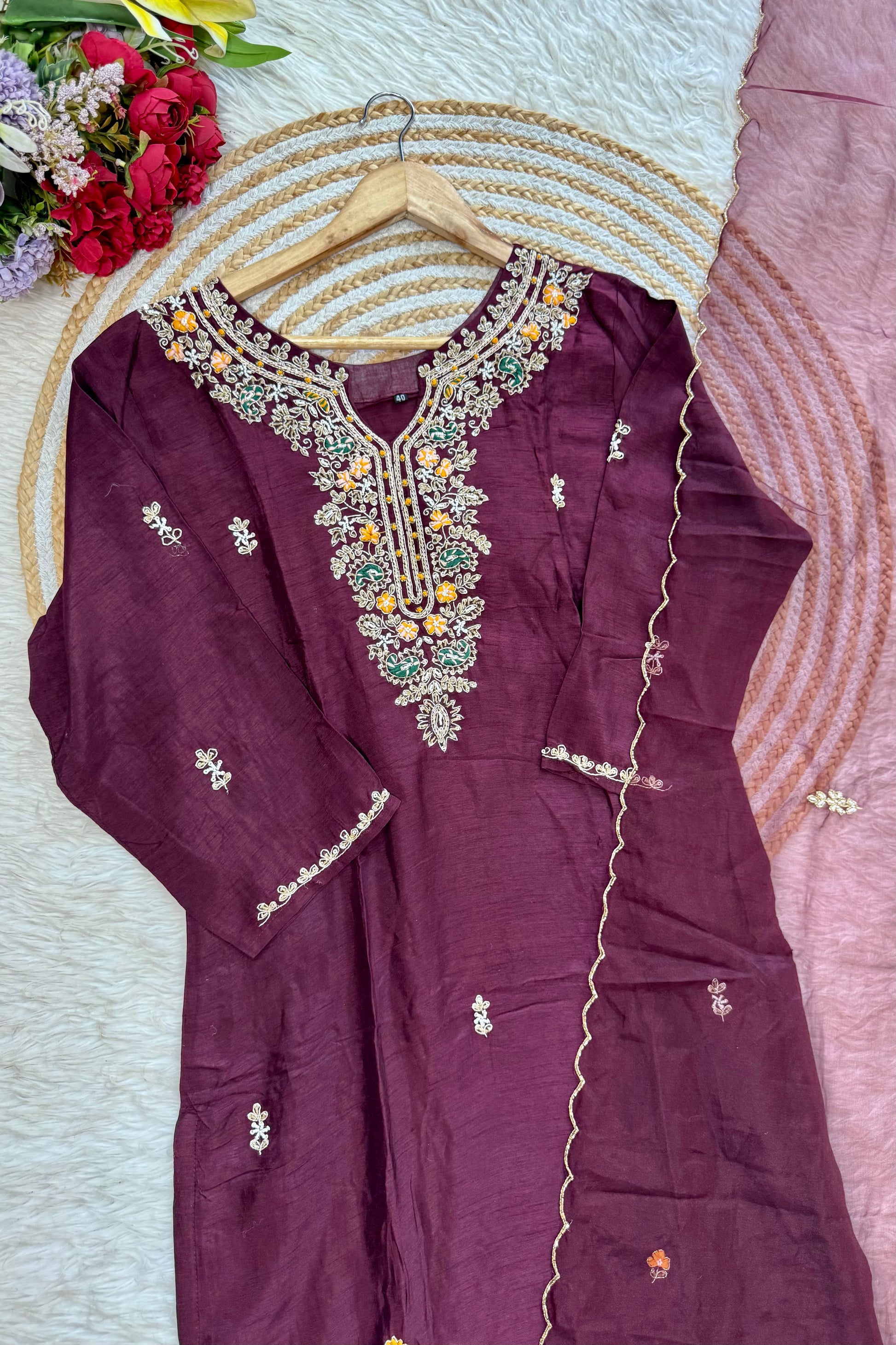 “ISHIKA” Brwon handcrafted dola silk kurti set