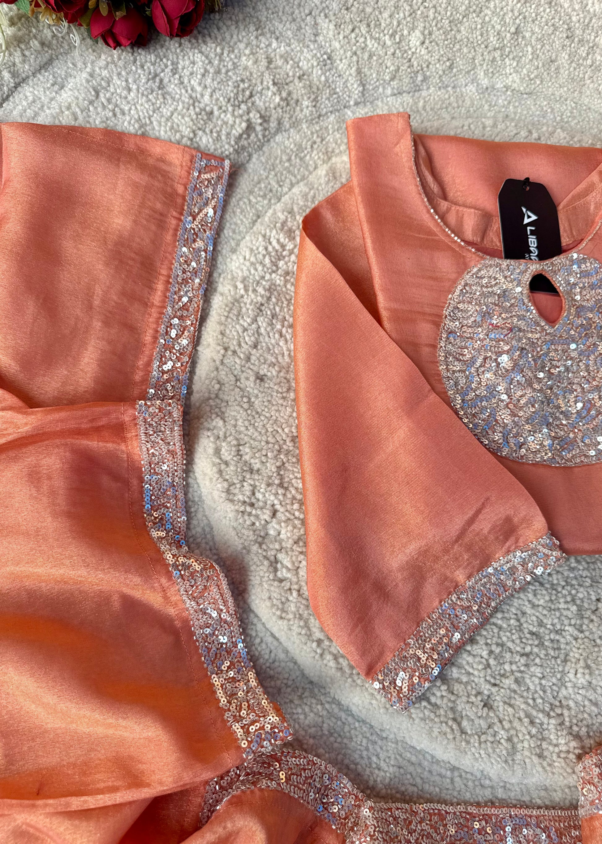 “SHINE” Beautiful Peach with gold tone shimmer tissue kurta set