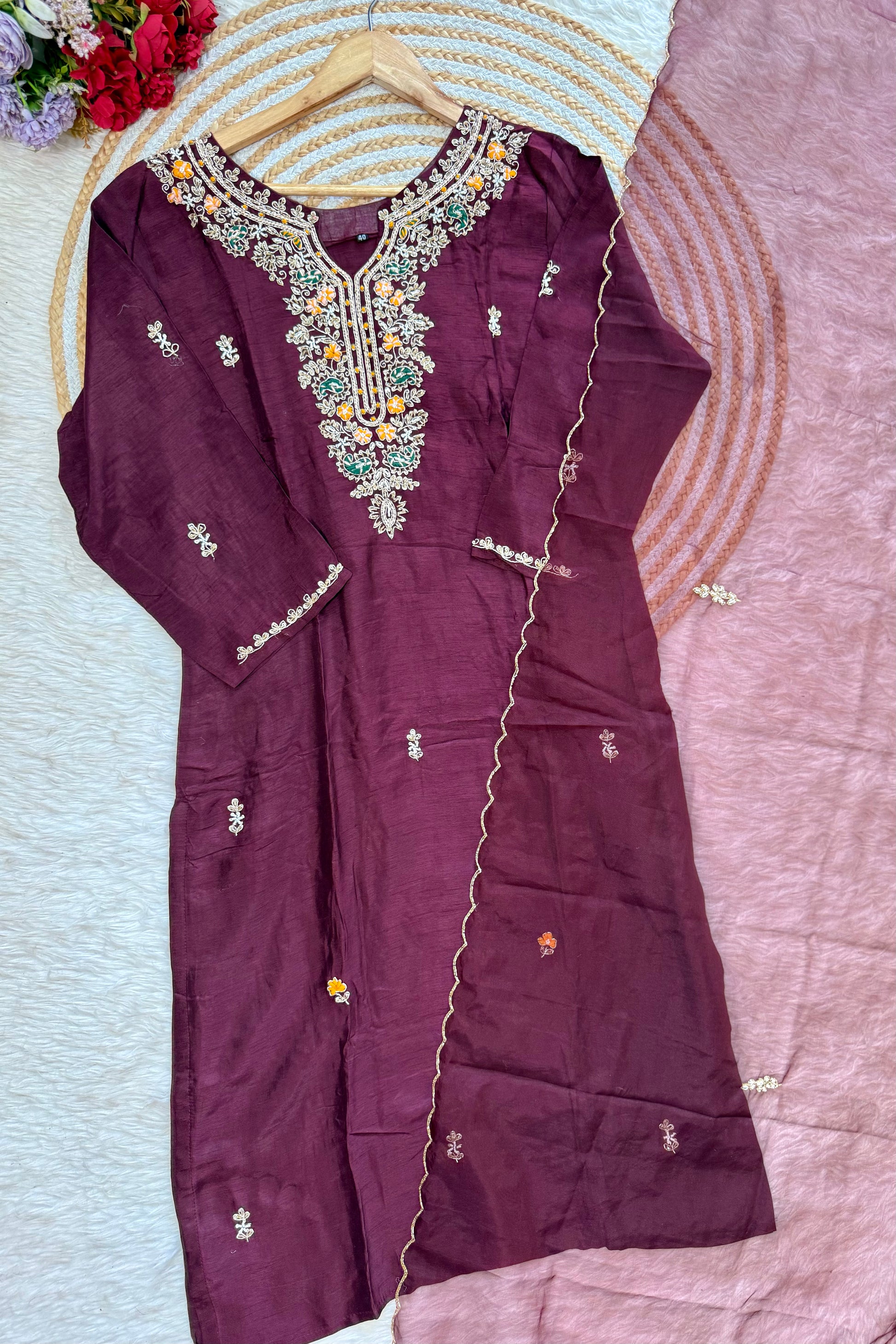 “ISHIKA” Brwon handcrafted dola silk kurti set
