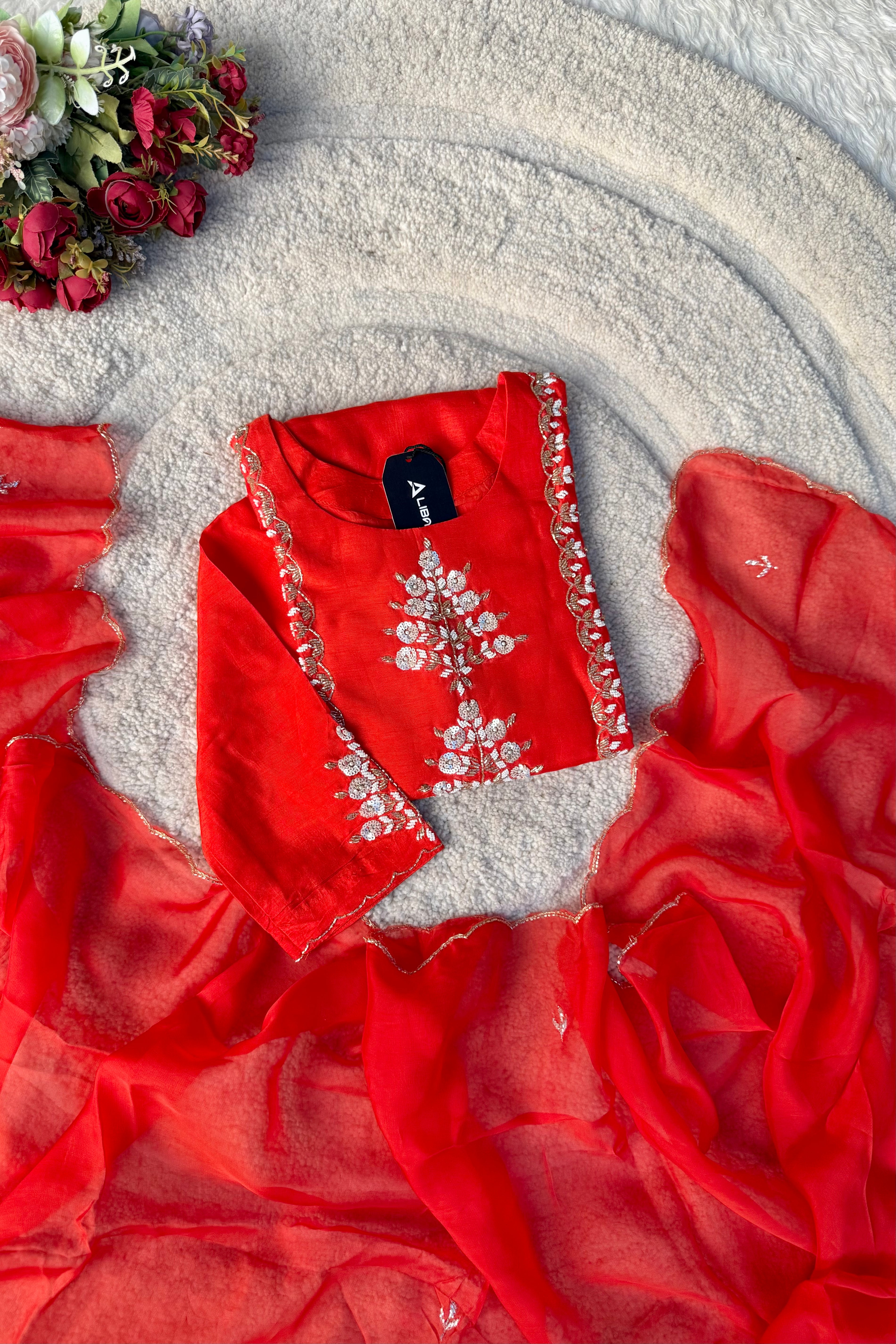 “Orange” Partywear Orange heavy handwork Dola Silk Kurta Set