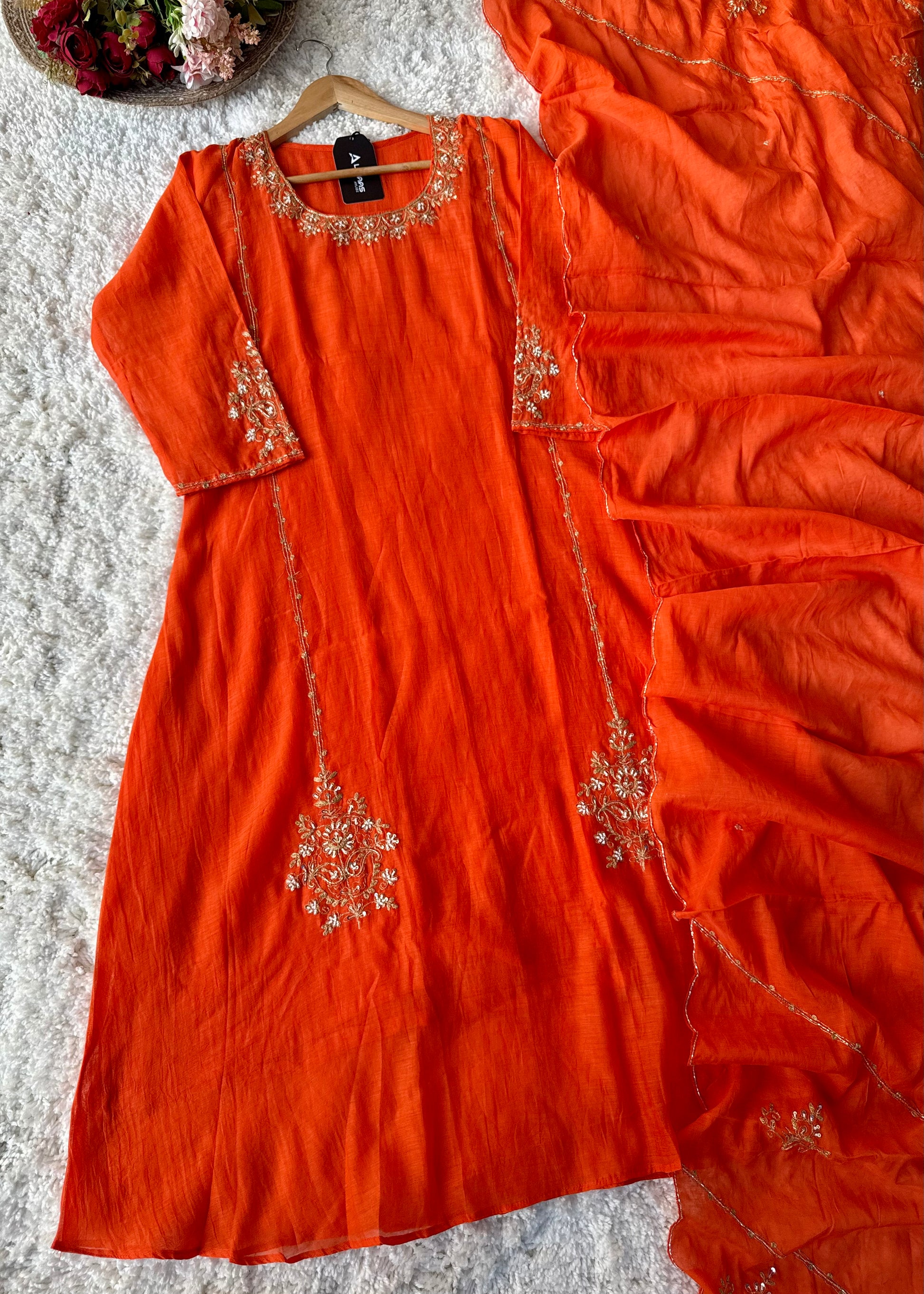 💕”Nayra – Premium Mul Chanderi A-Line Kurta Set