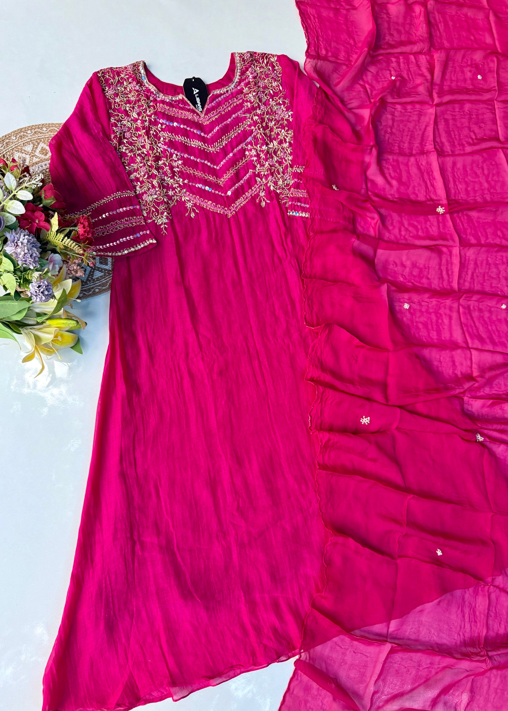 “Chanda” Premium karwa Pink mul chanderi A line kurta set