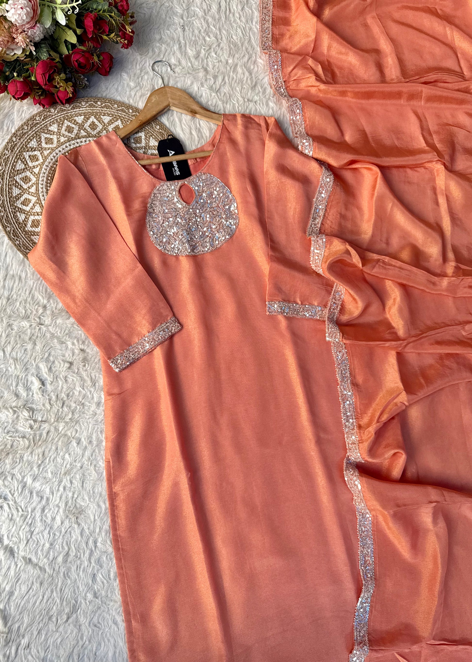 “SHINE” Beautiful Peach with gold tone shimmer tissue kurta set