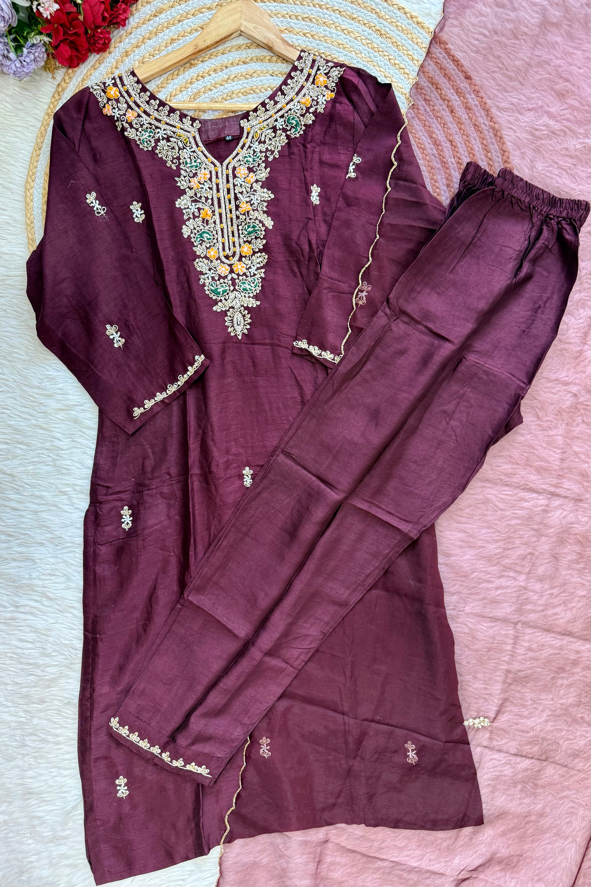 “ISHIKA” Brwon handcrafted dola silk kurti set