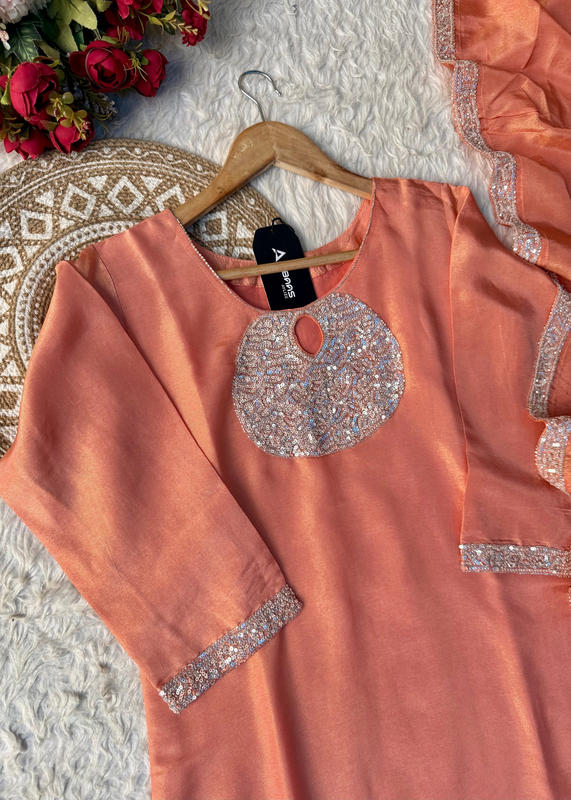 “SHINE” Beautiful Peach with gold tone shimmer tissue kurta set