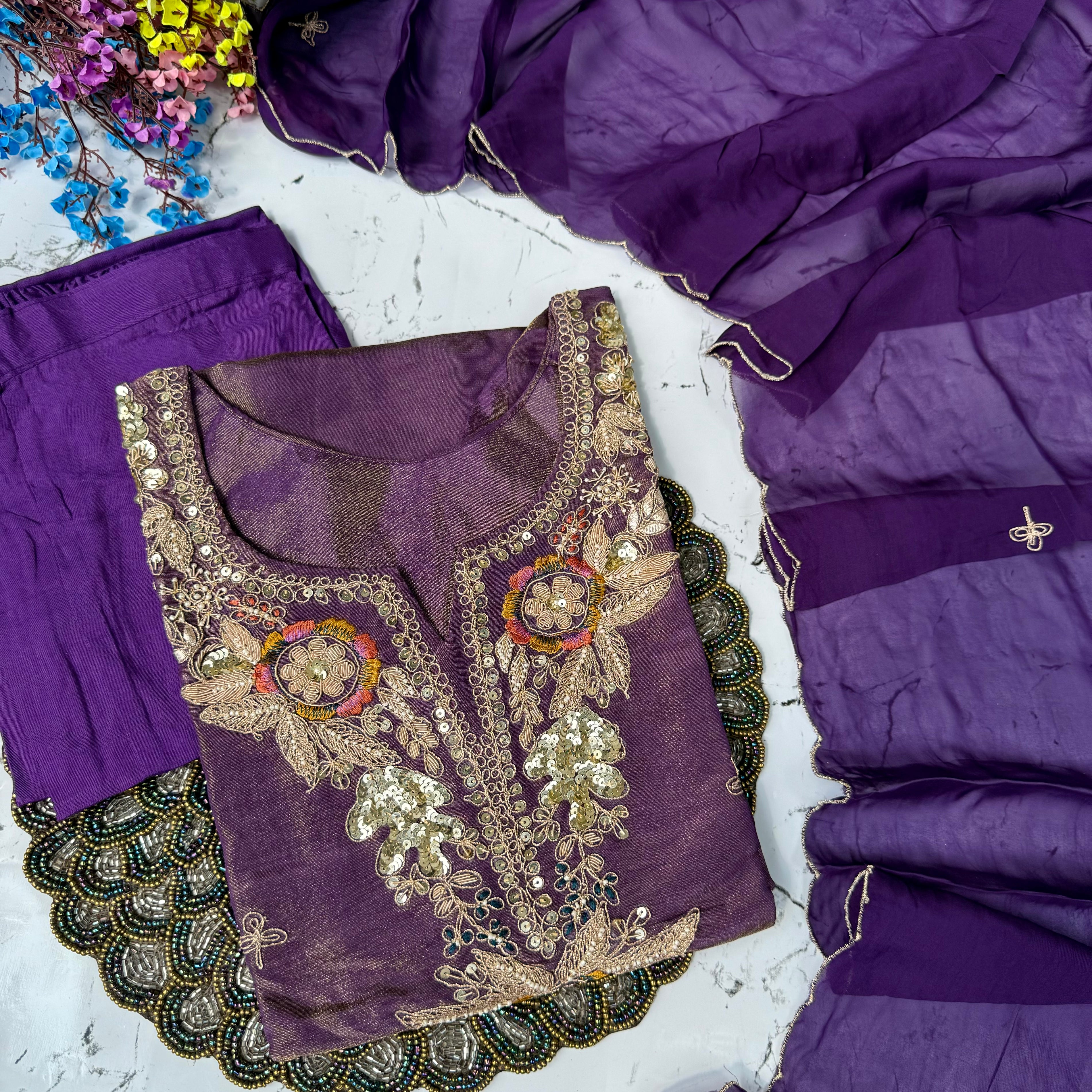“HAYAT” Premium tissue silk stright kurti bottom with dupatta set