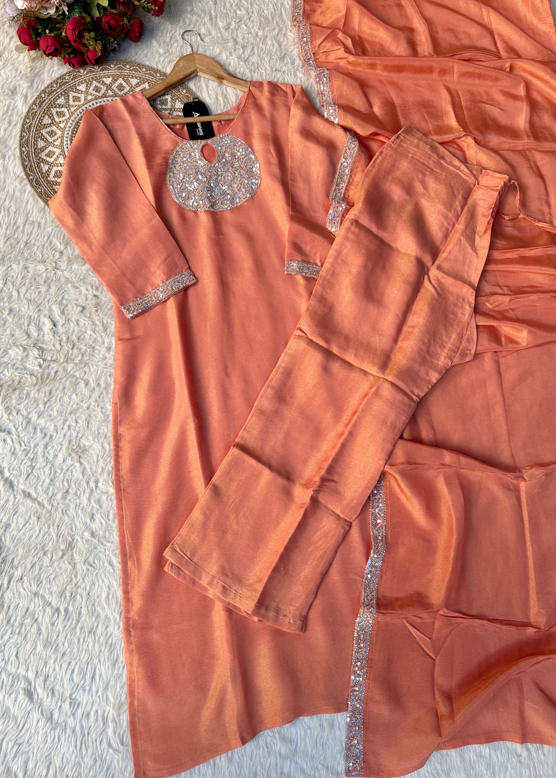 “SHINE” Beautiful Peach with gold tone shimmer tissue kurta set