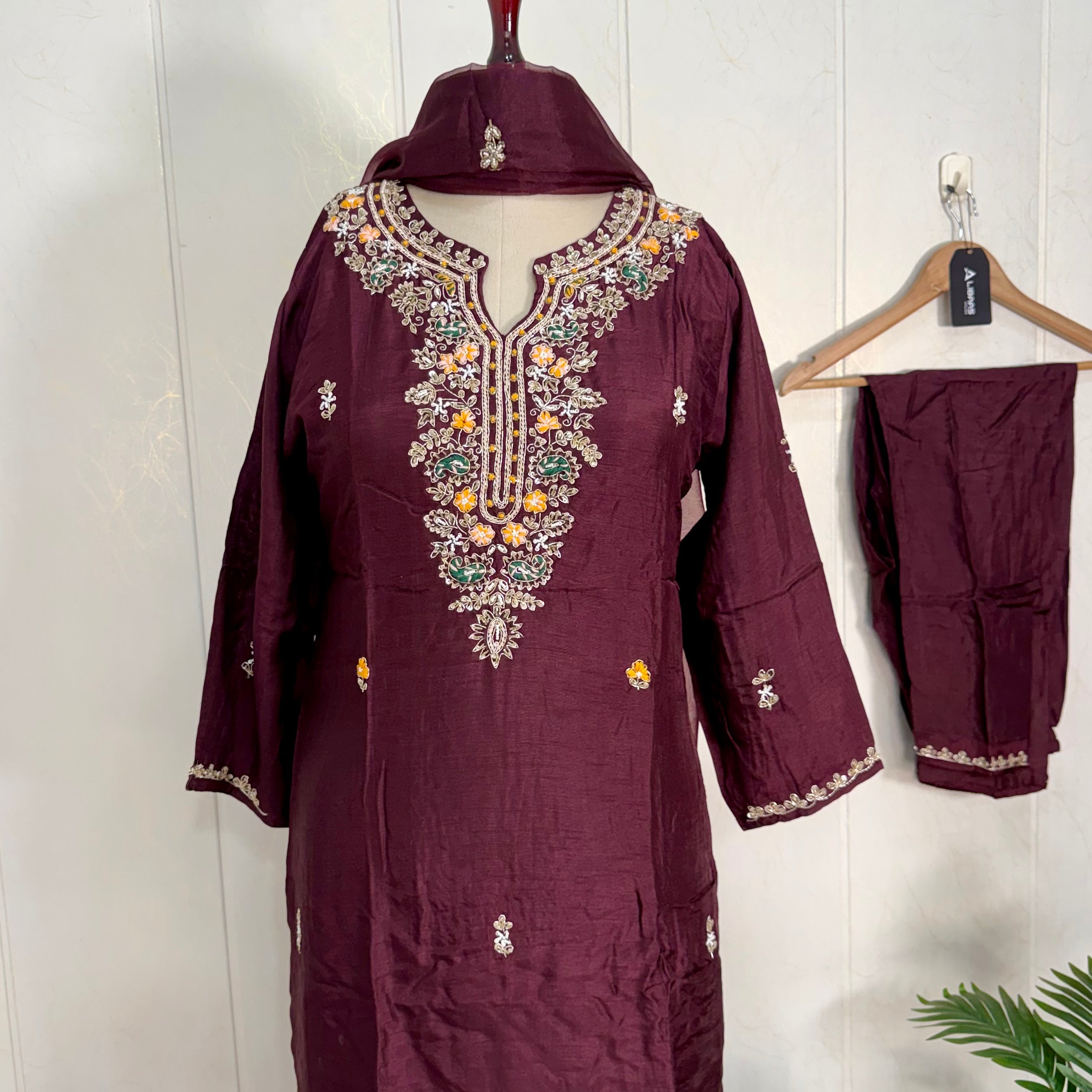“ISHIKA” Brwon handcrafted dola silk kurti set