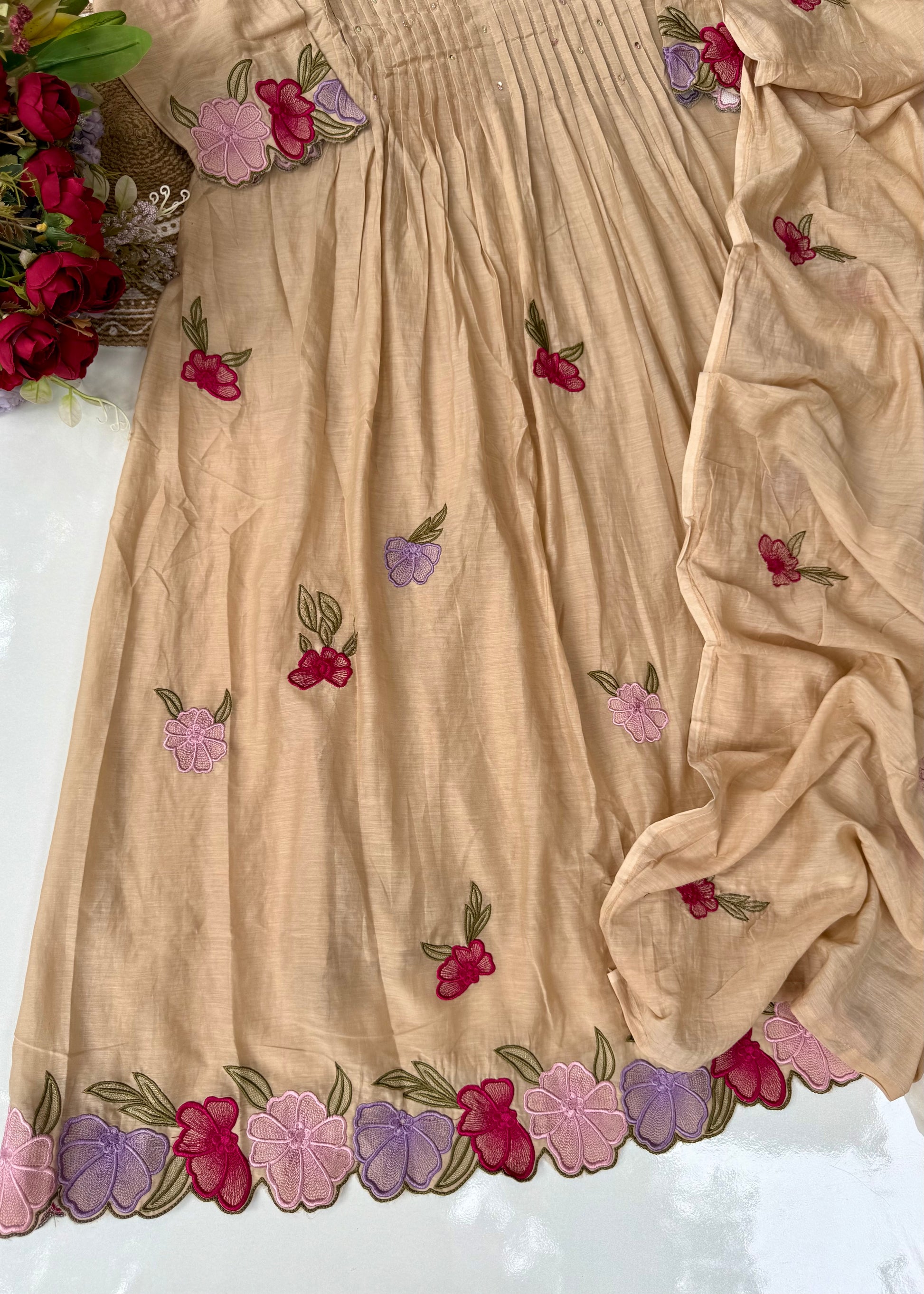 “Jhanvi” Luxury Mul Chanderi Anarkali Set | Appliqué Embroidery | Dupatta & Bottom