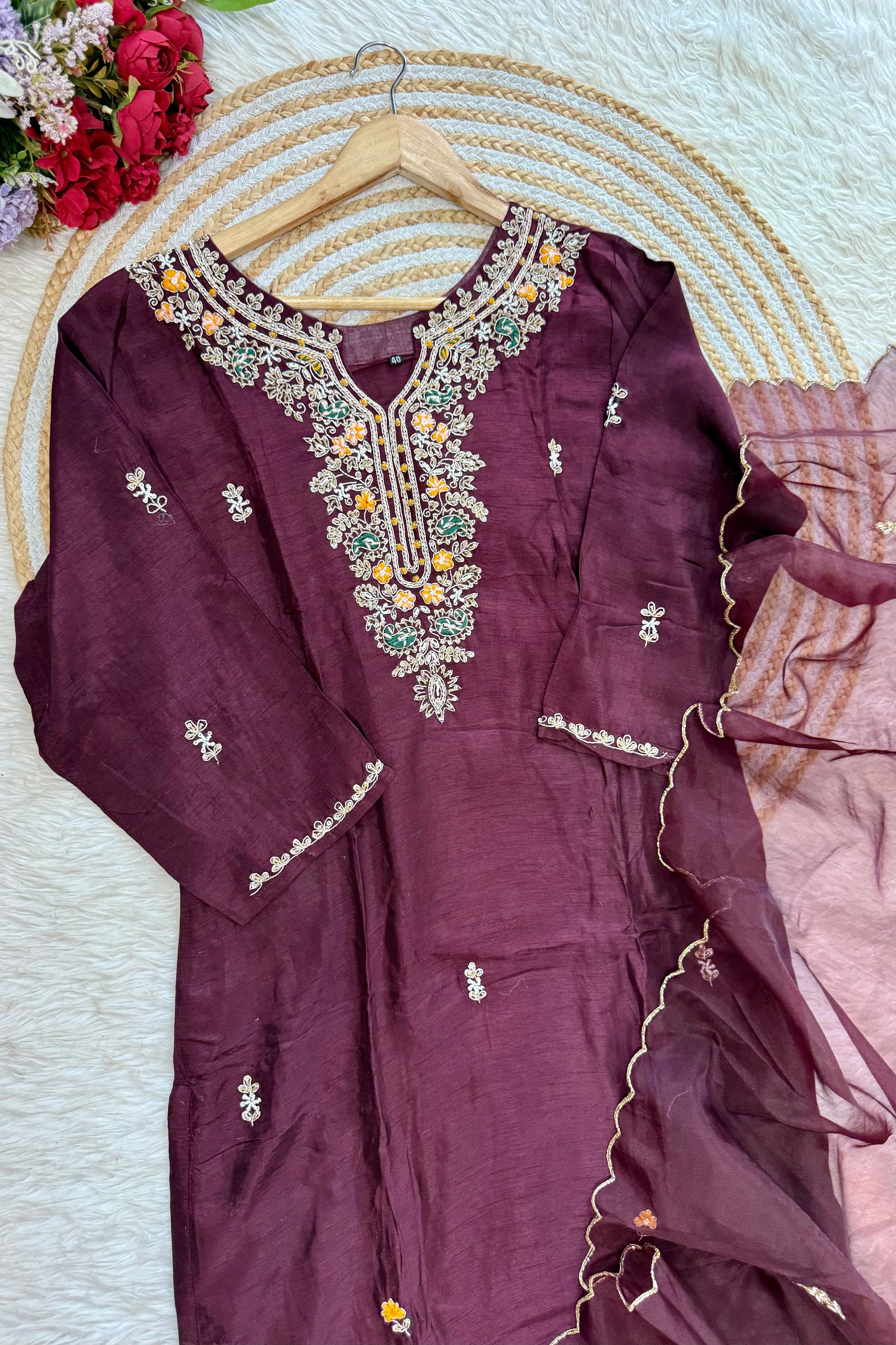 “ISHIKA” Brwon handcrafted dola silk kurti set