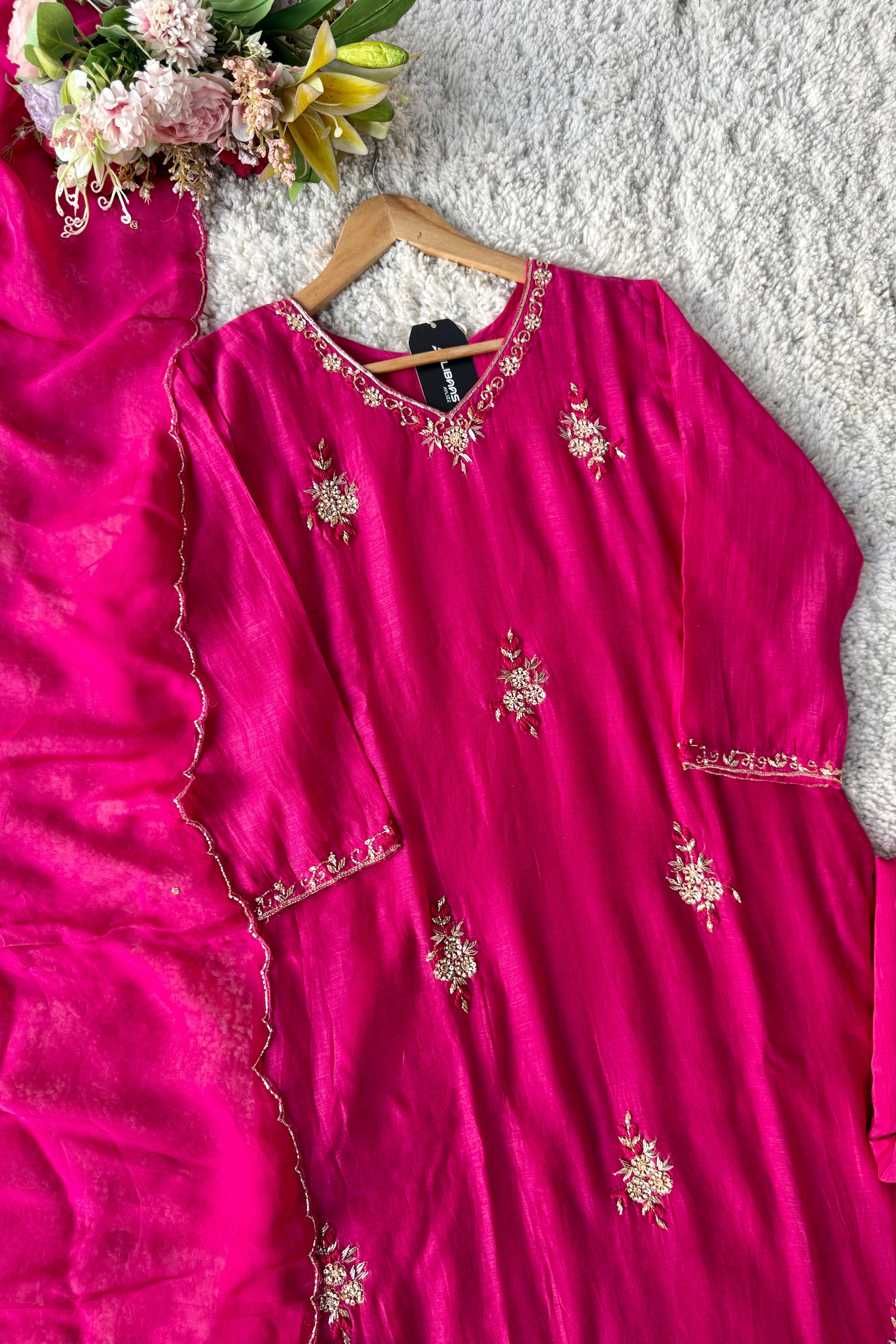 💕Zidan- Premium Pink Mul Chanderi A Line Suit set 🛍️