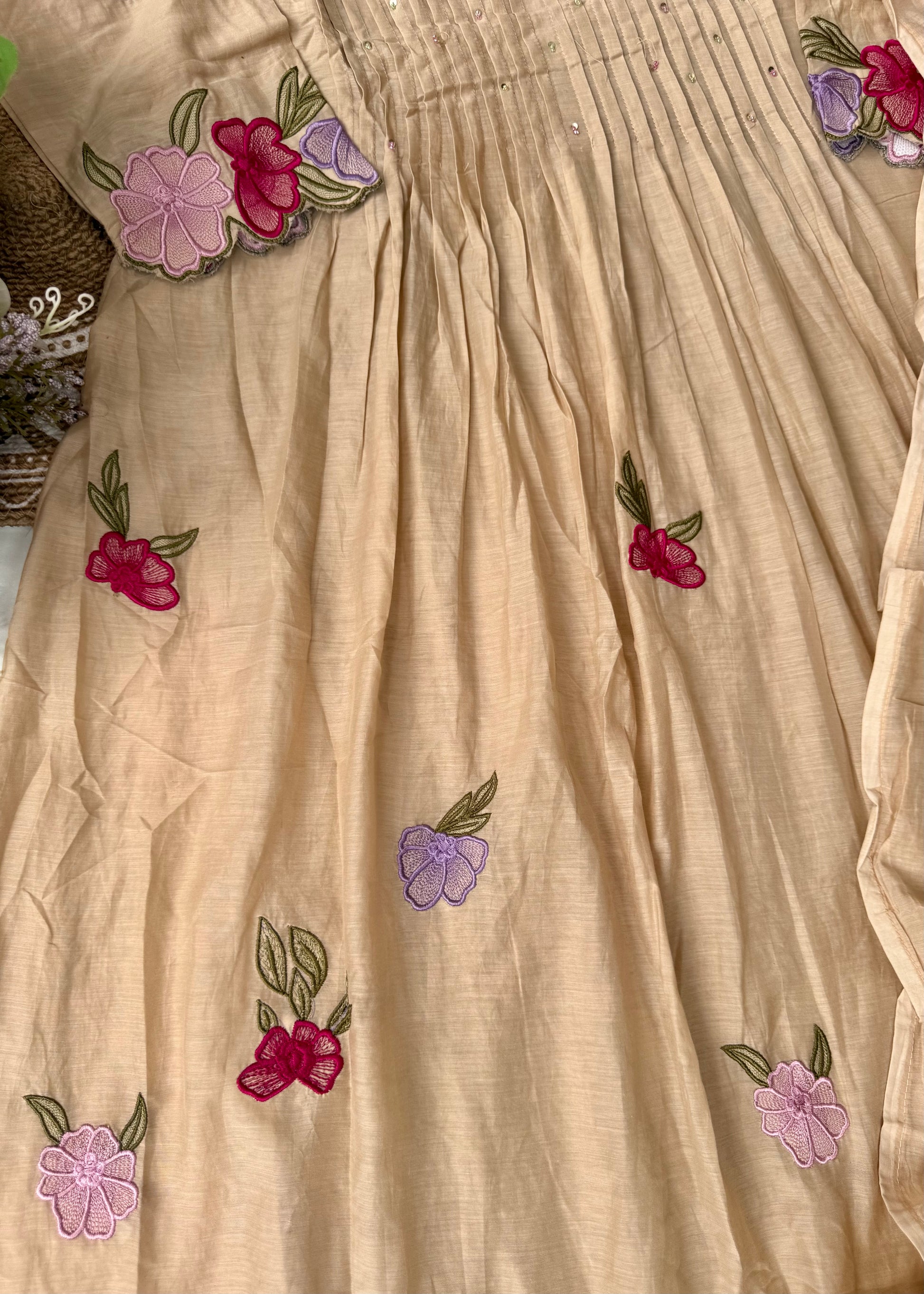 “Jhanvi” Luxury Mul Chanderi Anarkali Set | Appliqué Embroidery | Dupatta & Bottom