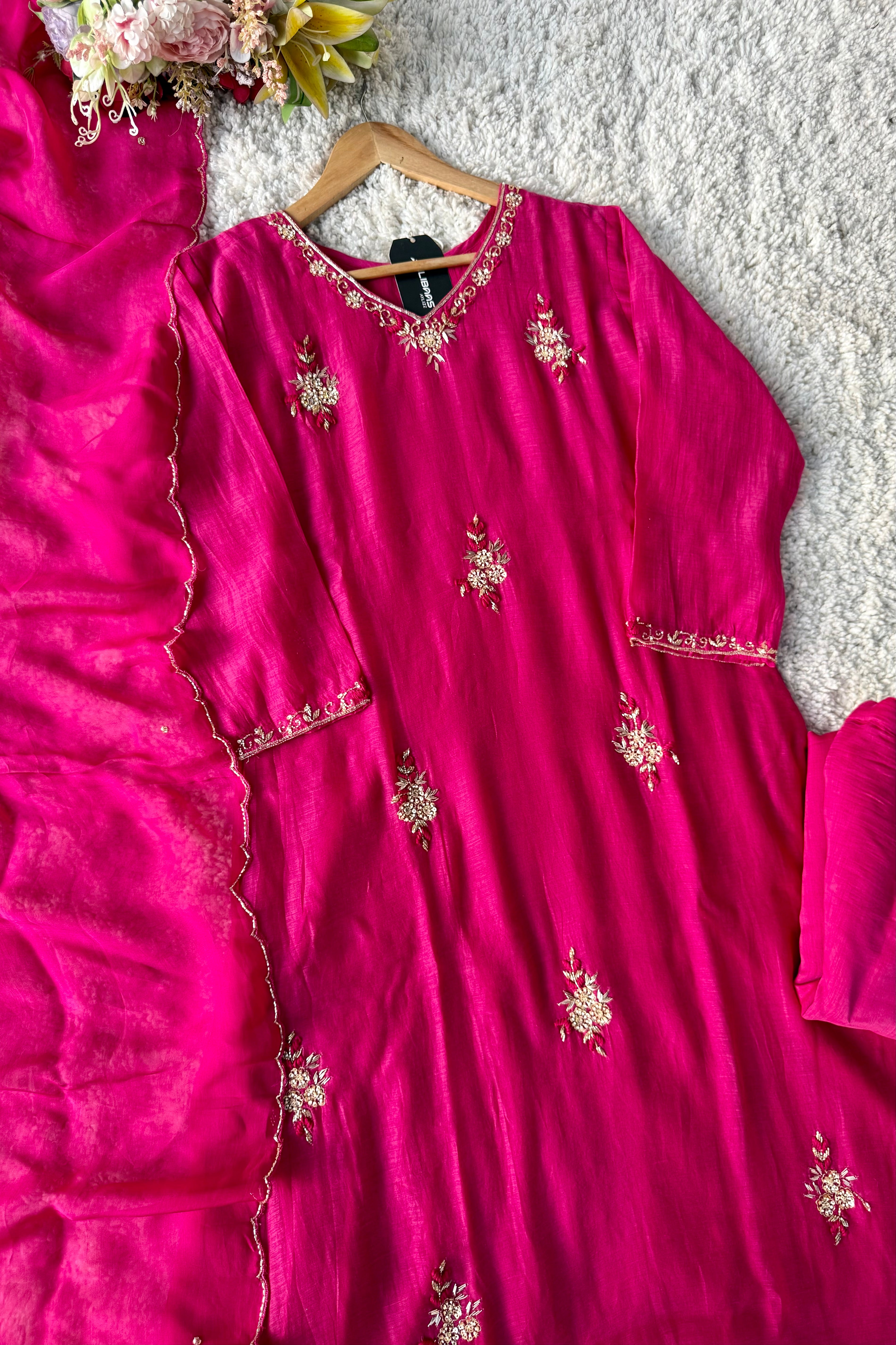 💕Zidan- Premium Pink Mul Chanderi A Line Suit set 🛍️