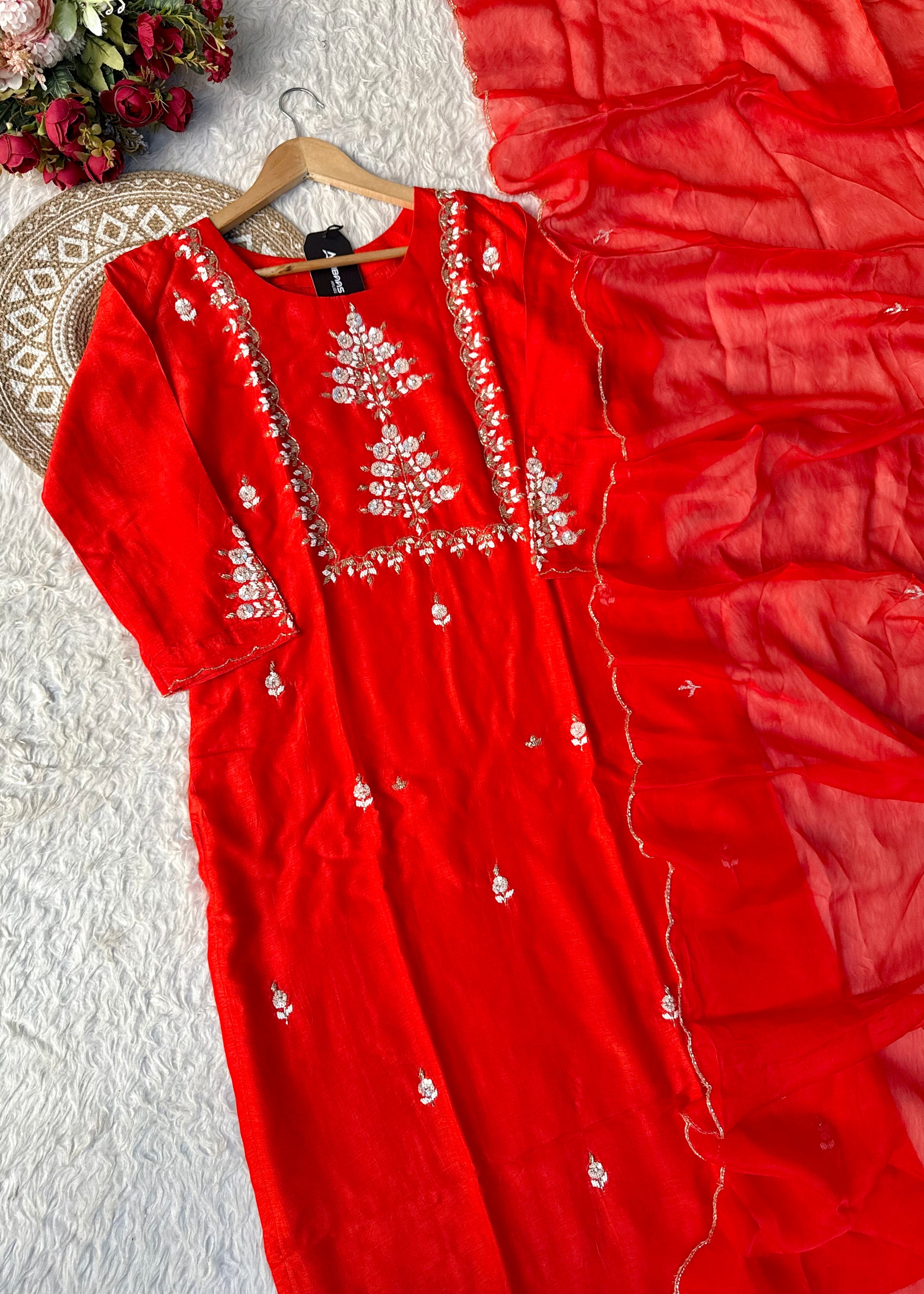 “Orange” Partywear Orange heavy handwork Dola Silk Kurta Set