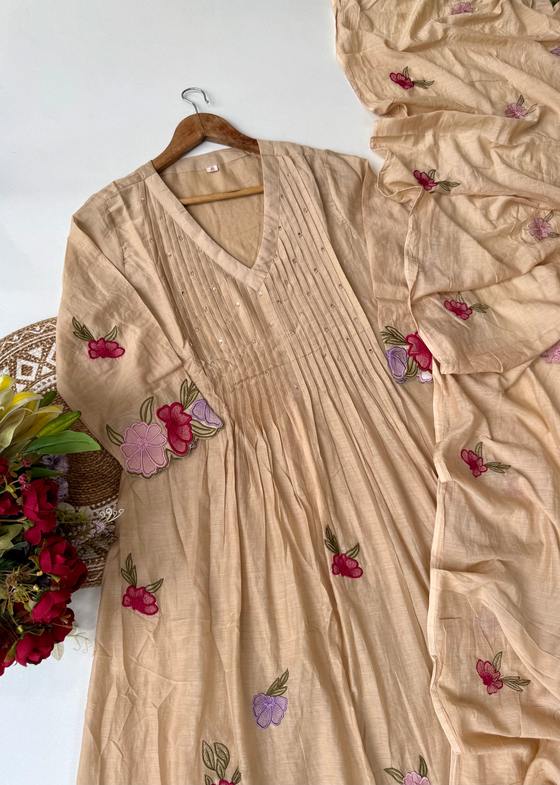 “Jhanvi” Luxury Mul Chanderi Anarkali Set | Appliqué Embroidery | Dupatta & Bottom