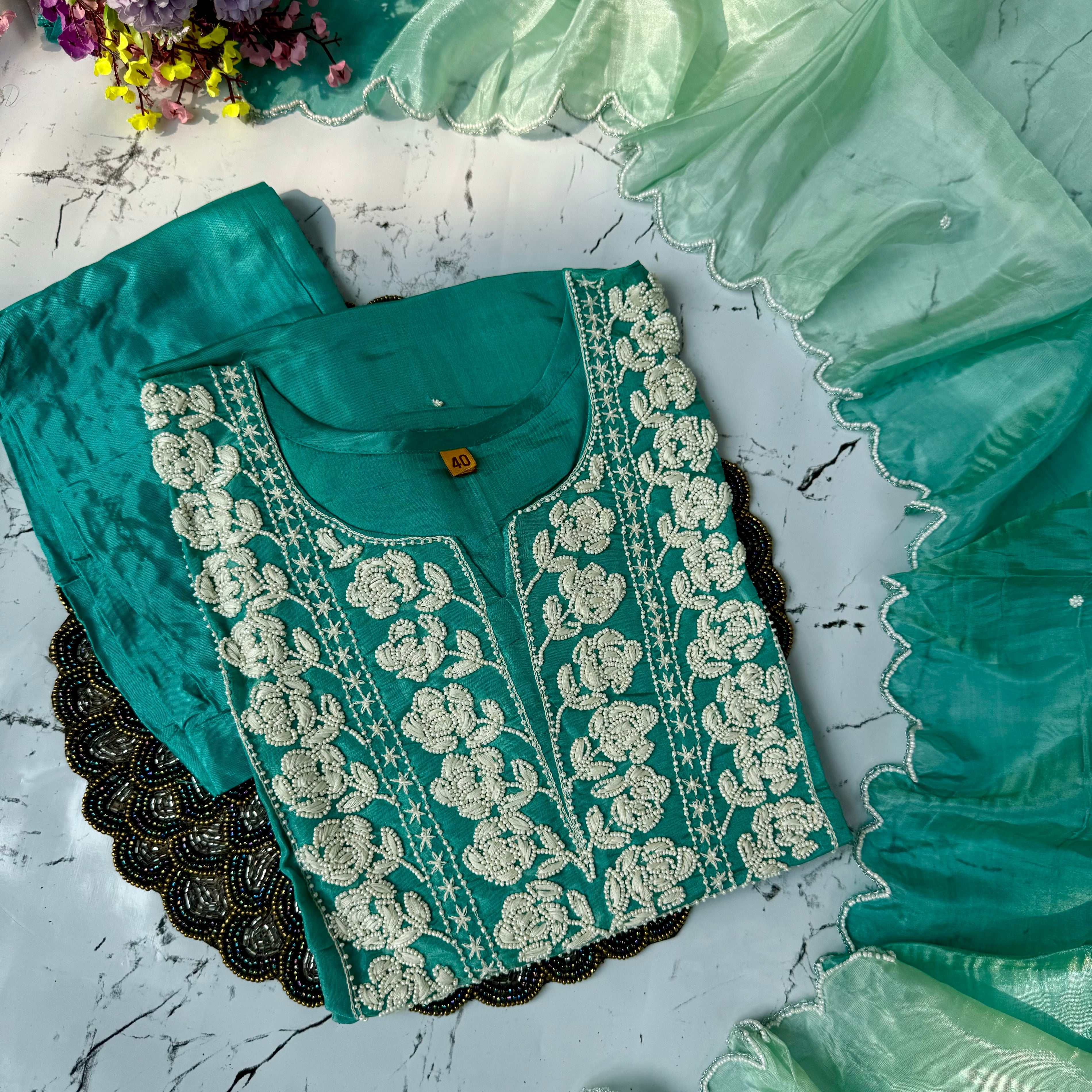 “NAIRA” Beautiful Tissue silk kurta with with pearl work set