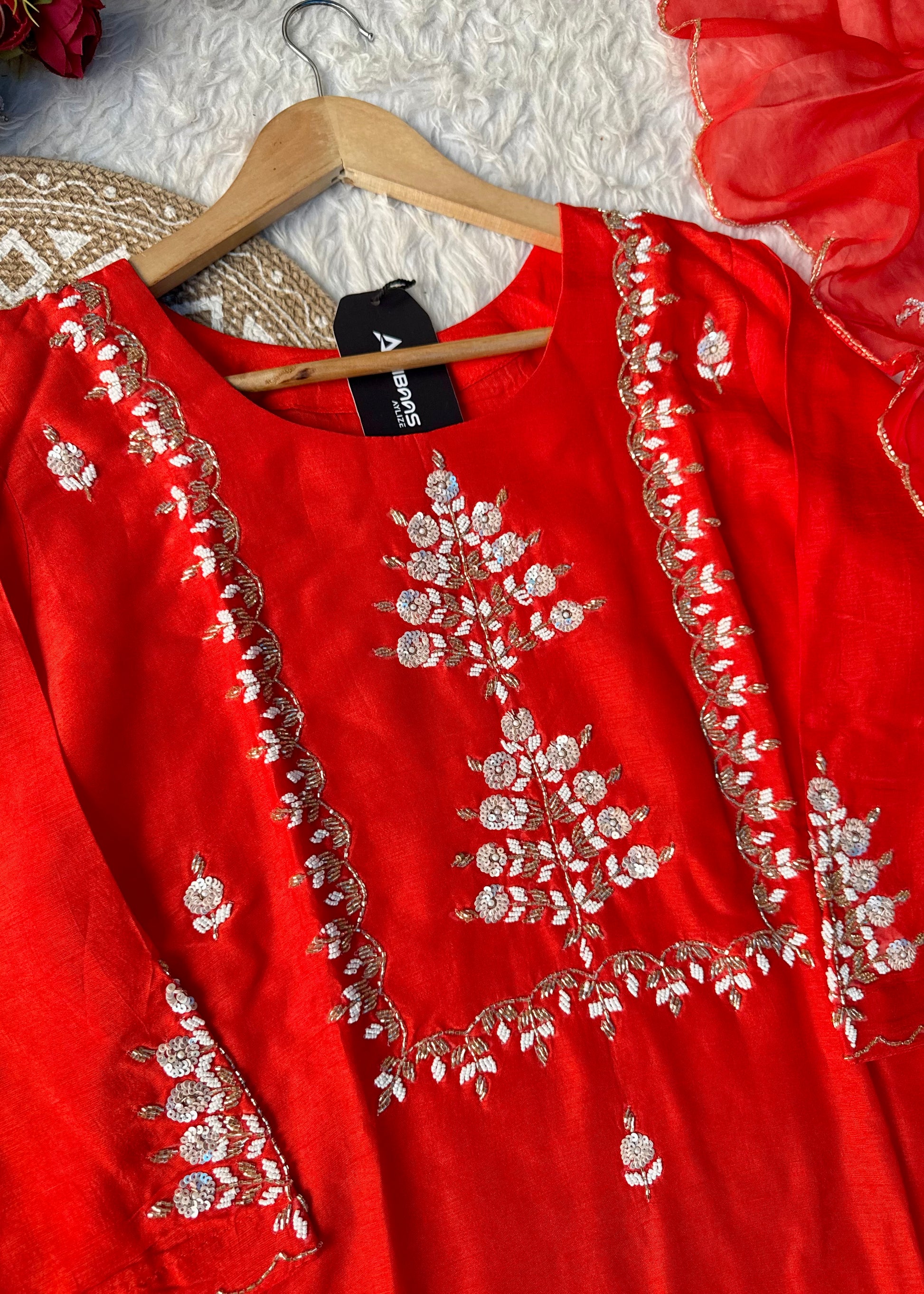 “Orange” Partywear Orange heavy handwork Dola Silk Kurta Set