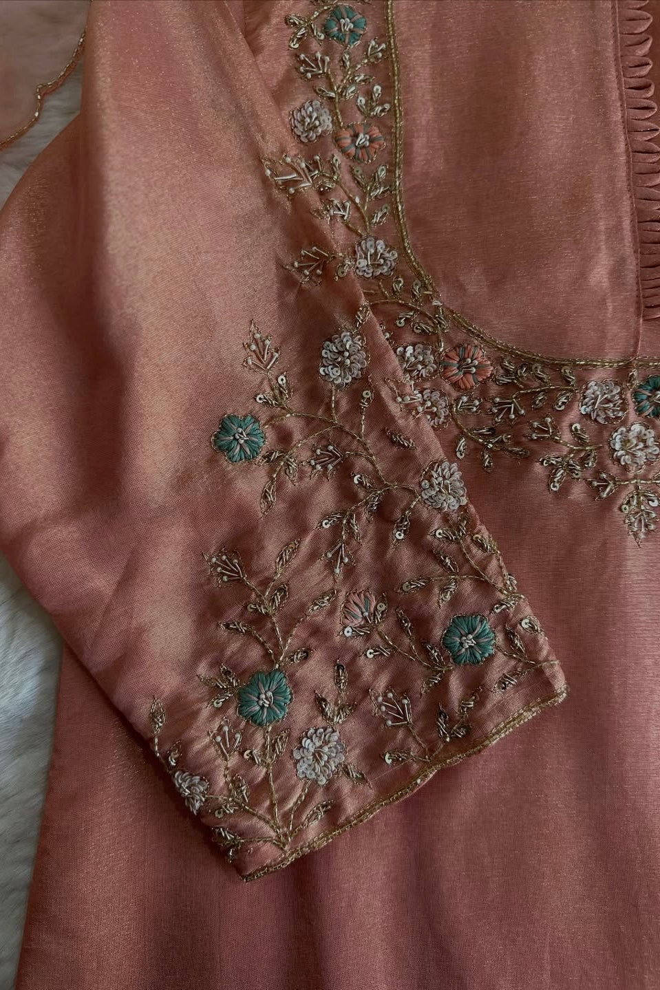 “Naayaab” Premium Peach Tissue silk handcrafted kurta set