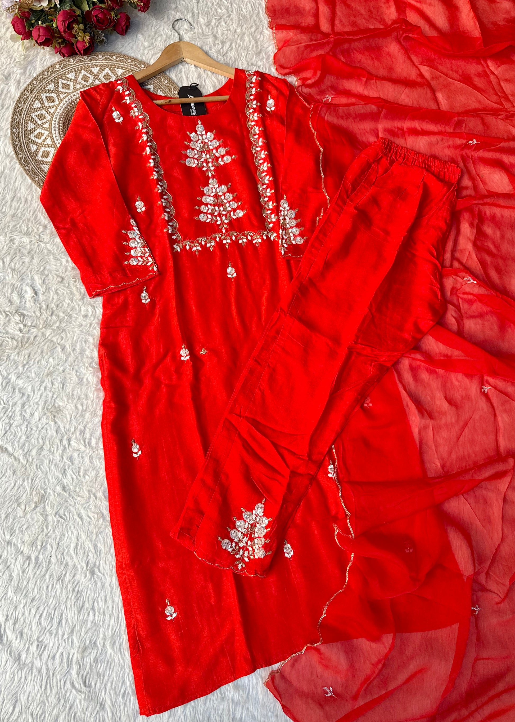 “Orange” Partywear Orange heavy handwork Dola Silk Kurta Set