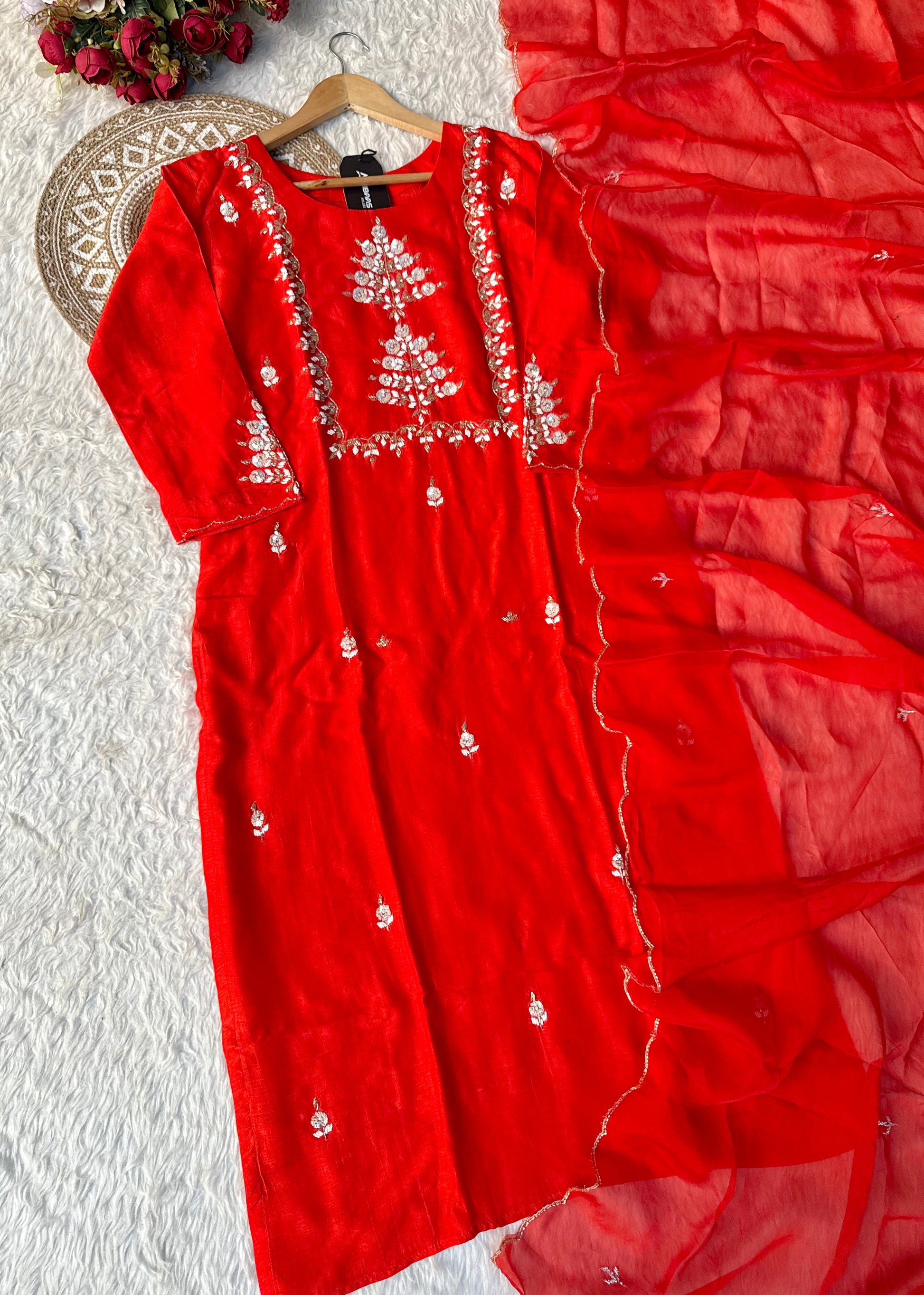 “Orange” Partywear Orange heavy handwork Dola Silk Kurta Set