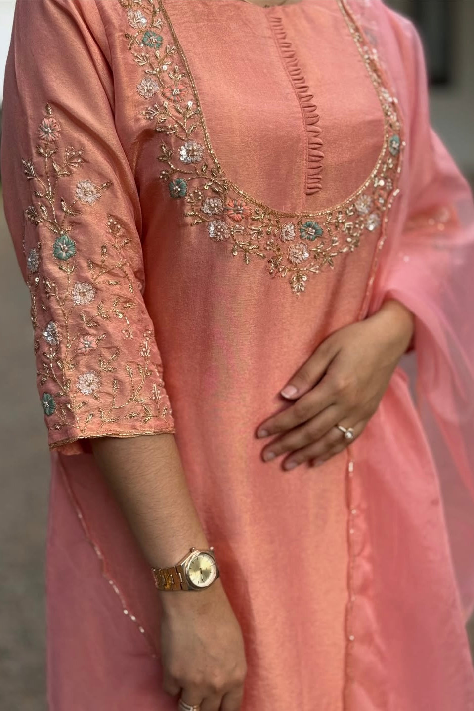 “Naayaab” Premium Peach Tissue silk handcrafted kurta set