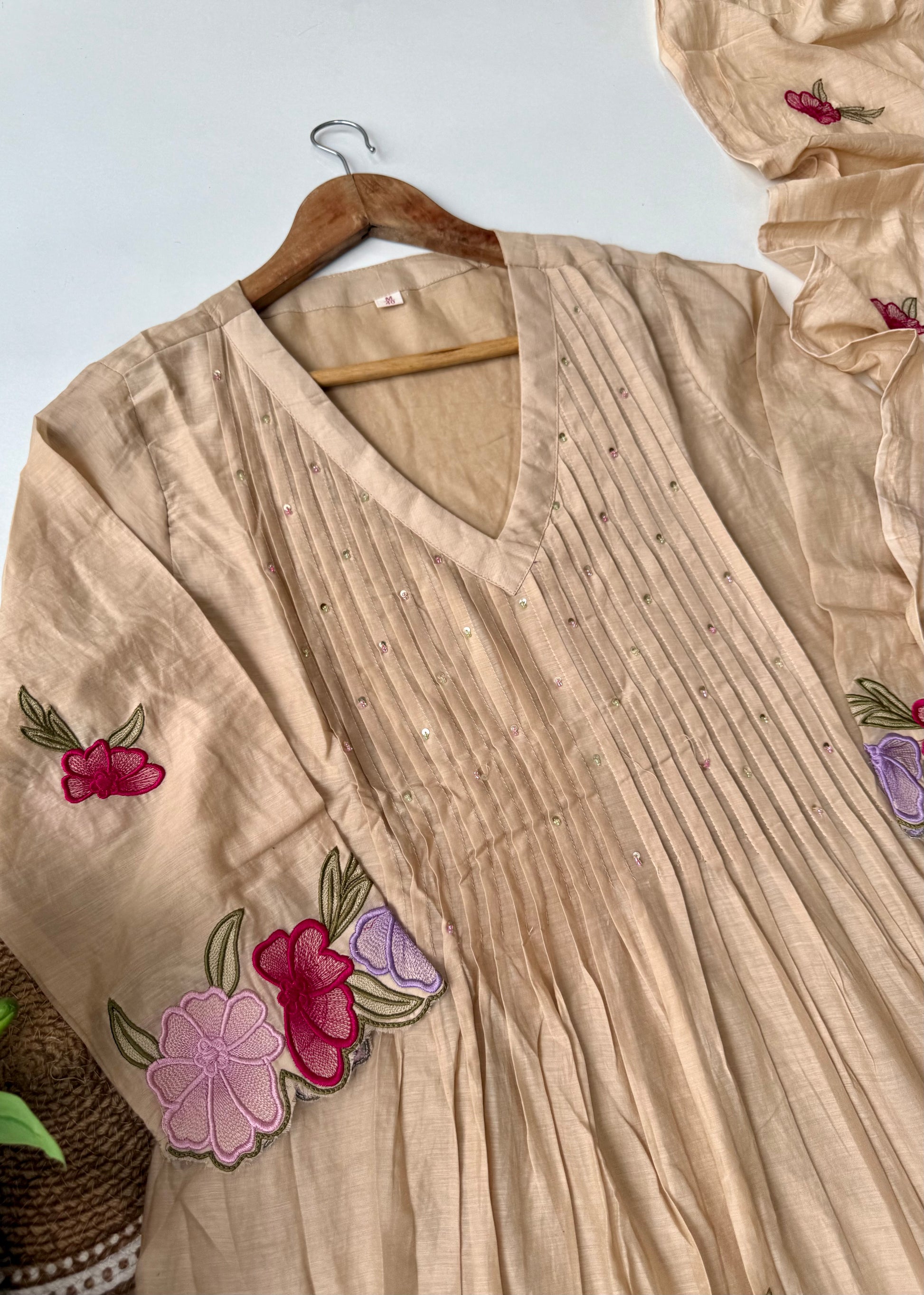 “Jhanvi” Luxury Mul Chanderi Anarkali Set | Appliqué Embroidery | Dupatta & Bottom