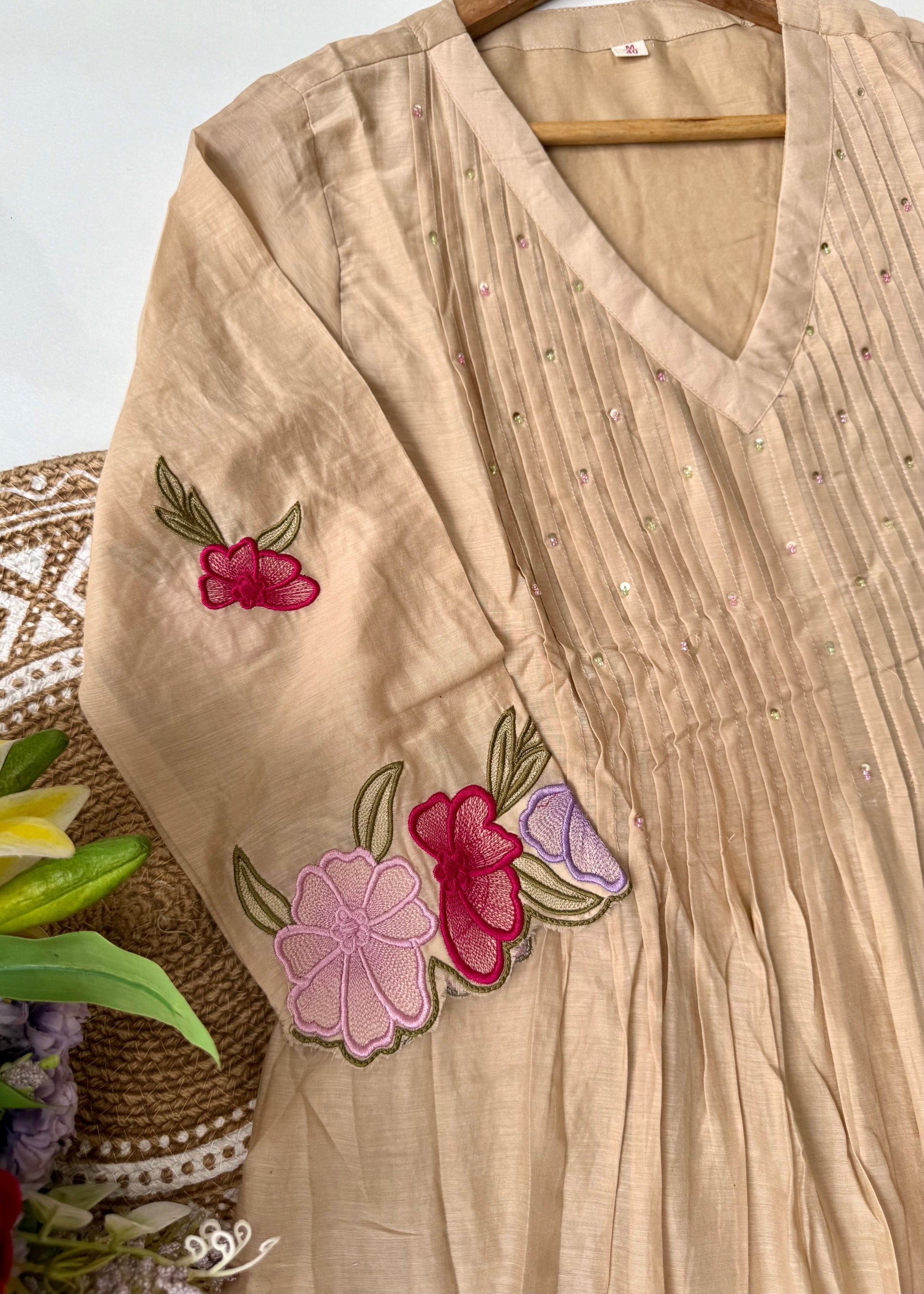 “Jhanvi” Luxury Mul Chanderi Anarkali Set | Appliqué Embroidery | Dupatta & Bottom