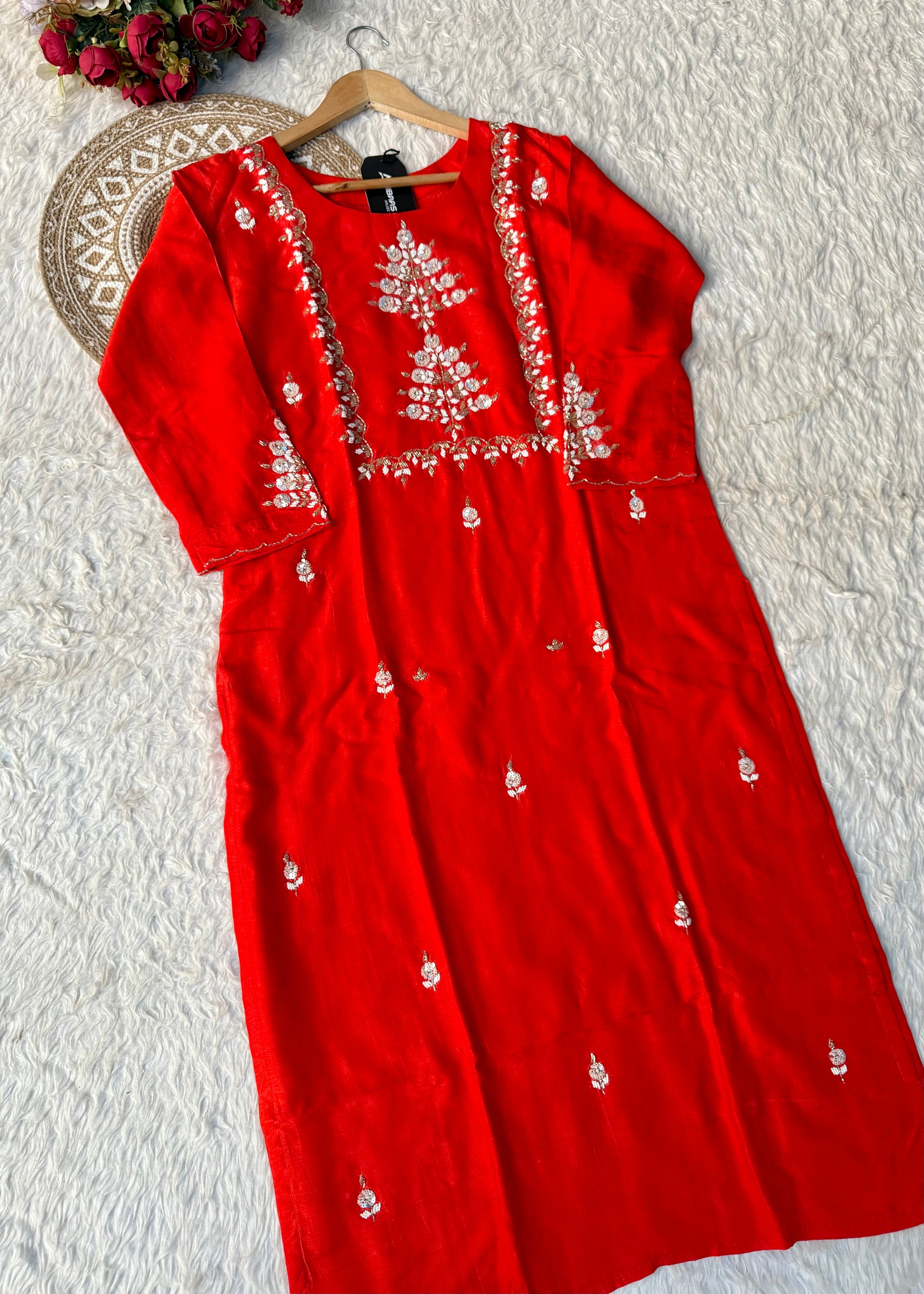 “Orange” Partywear Orange heavy handwork Dola Silk Kurta Set