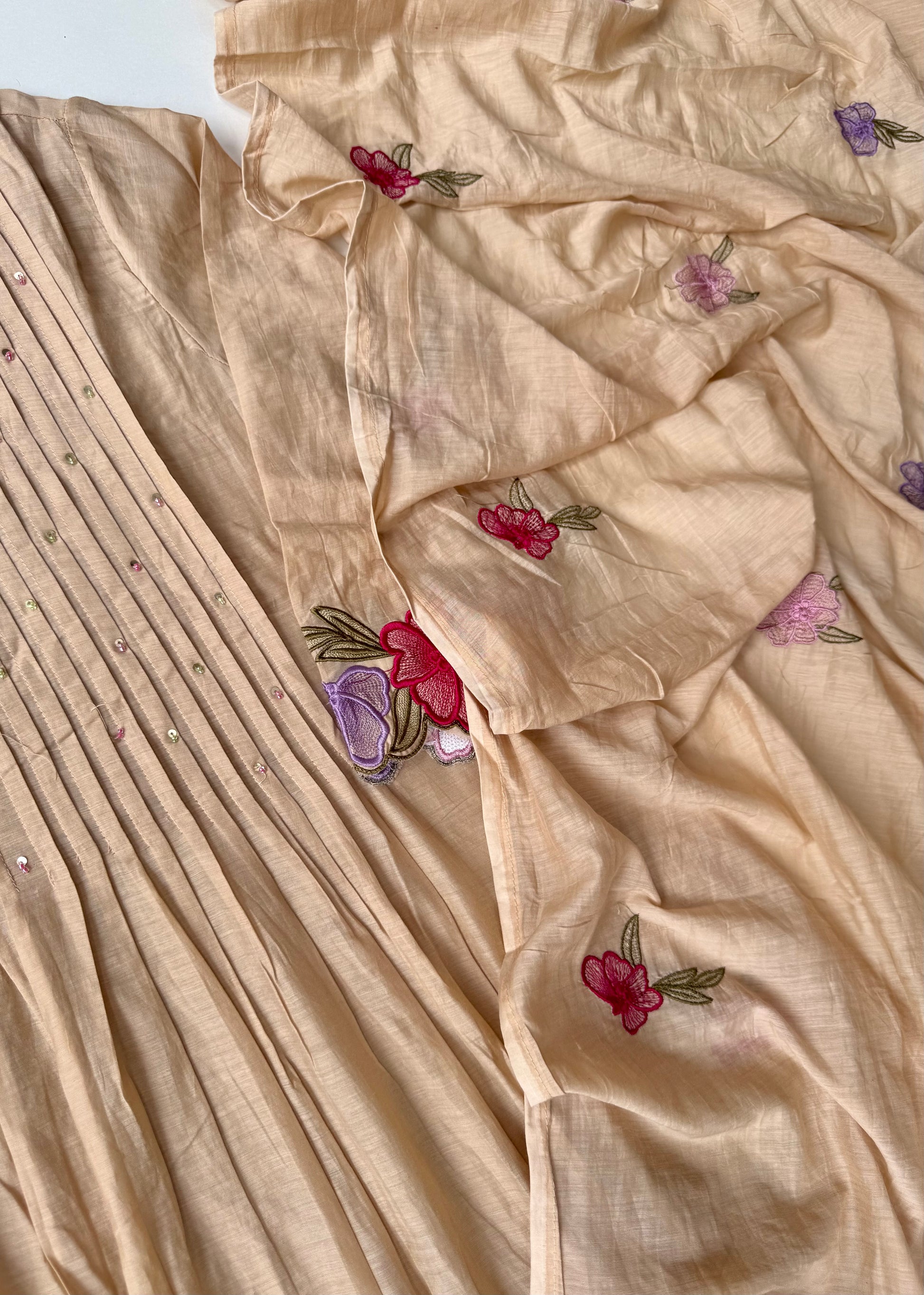 “Jhanvi” Luxury Mul Chanderi Anarkali Set | Appliqué Embroidery | Dupatta & Bottom
